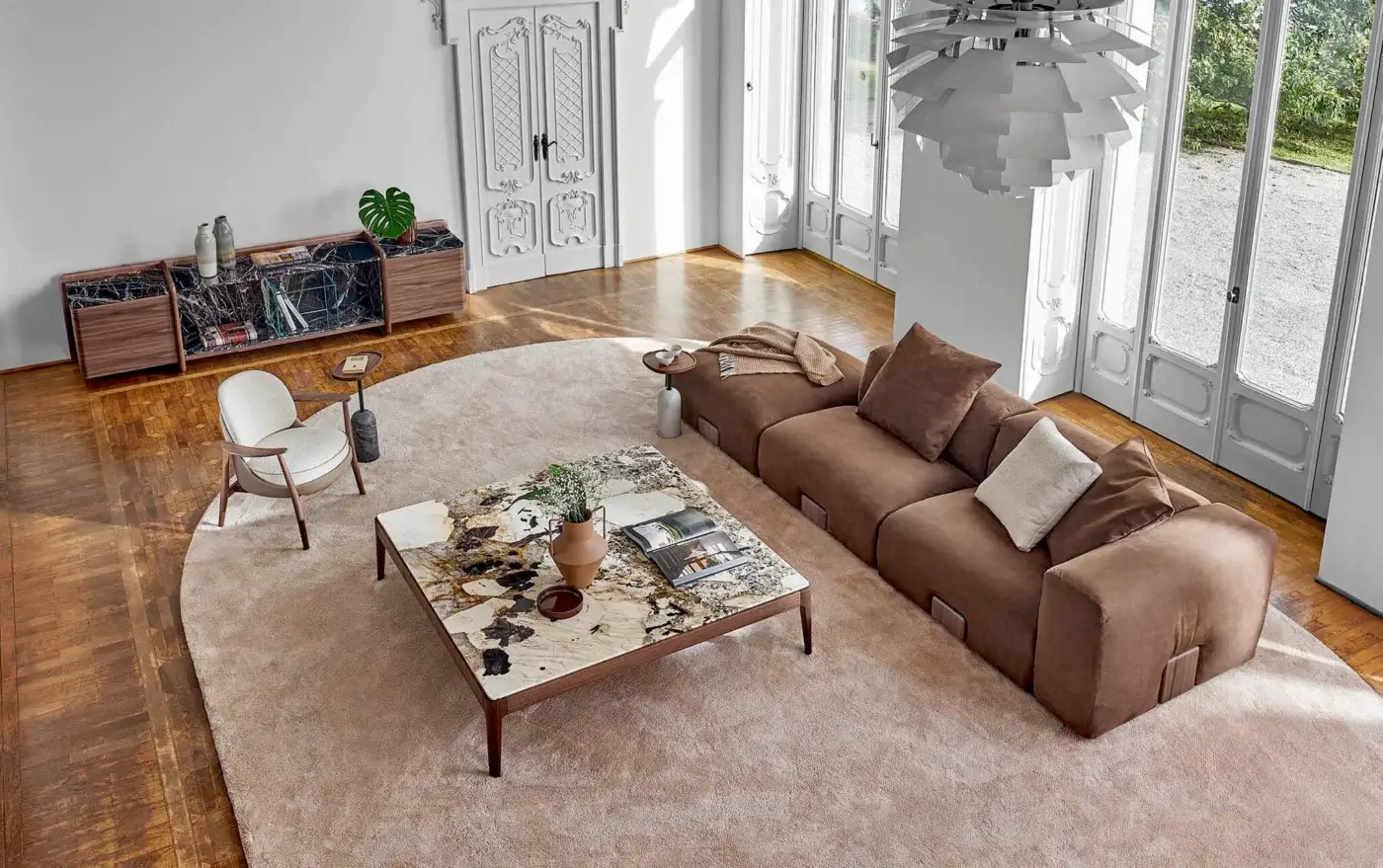 Distinguished Porada Koji sectional with muted brown fabric upholstery and solid Canaletta walnut accents