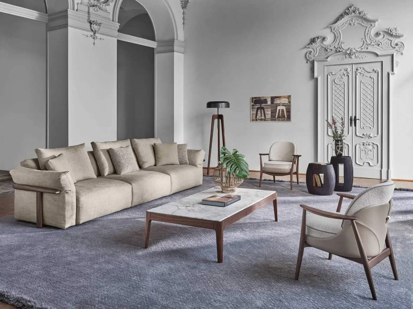 Distinguished Porada Ronny sofa crafted in Italy with textured neutral beige textile and refined medium-tone wood base