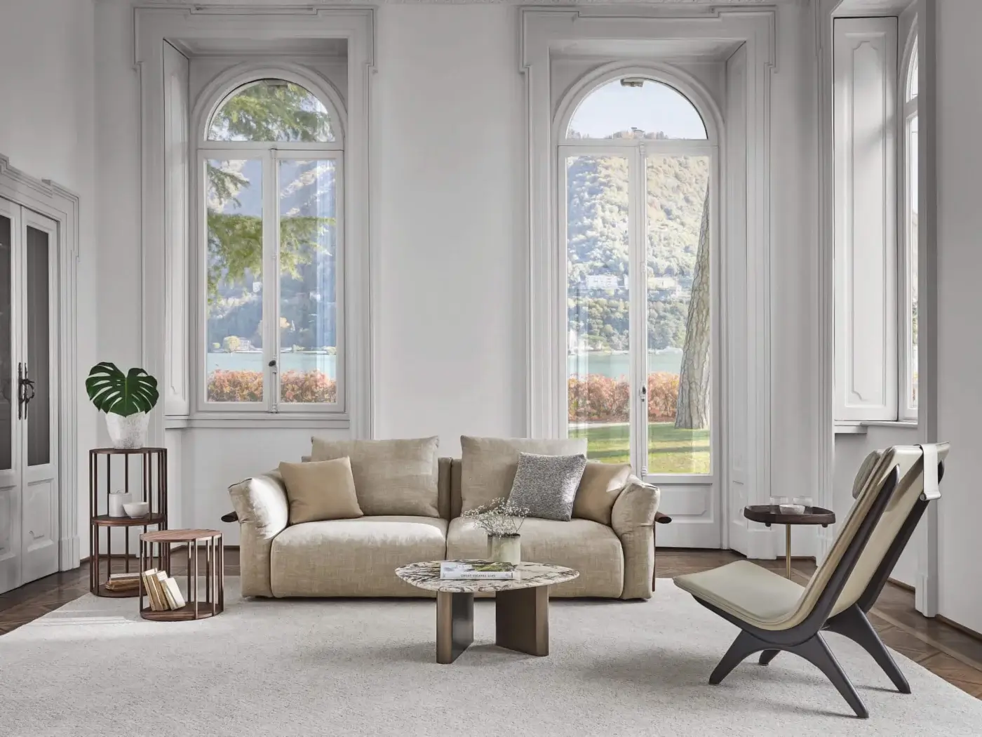 Lavish Porada Ronny sofa built with multilayer wood, solid poplar, and neutral beige textile upholstery