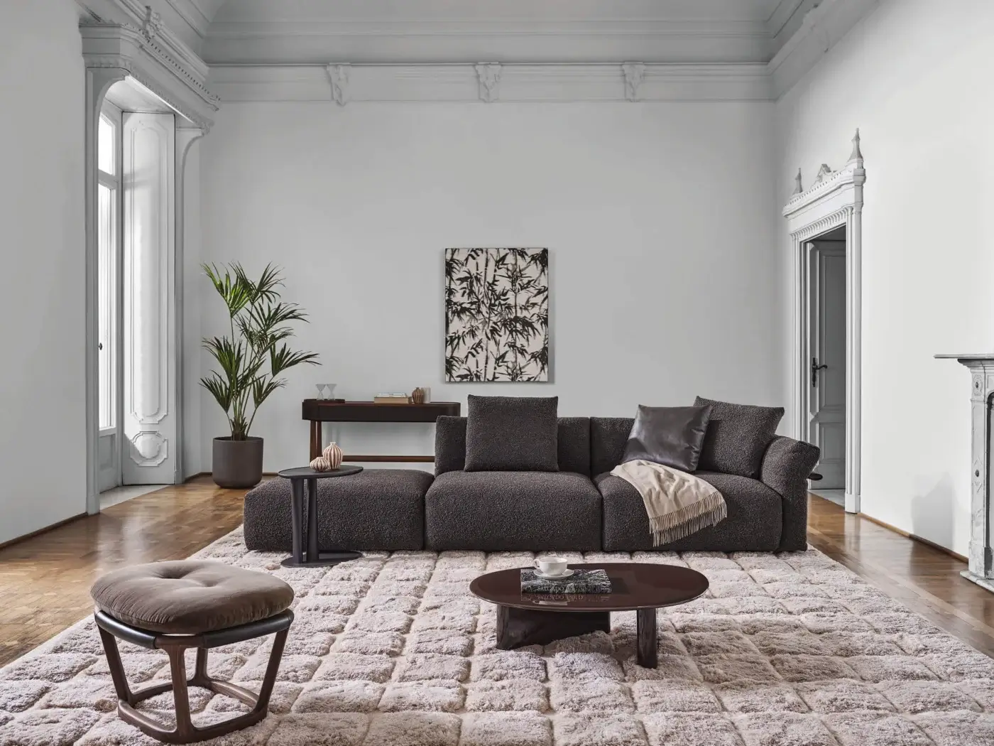 Exceptional Porada Ronny sectional with dark gray woven fabric upholstery and quilted goose down cushions