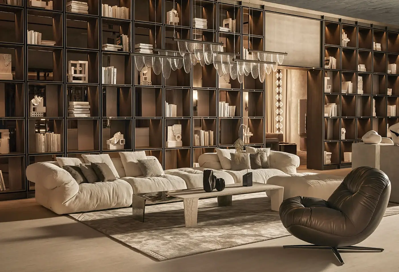 Exceptional Visionnaire Aura lounge chair with sculpted wooden shell upholstered in warm medium-brown textile and satin metal swivel base