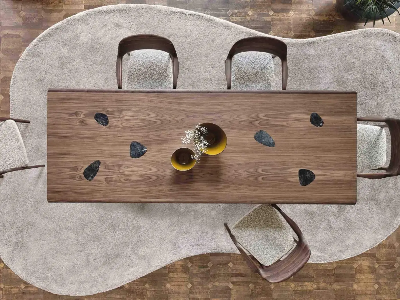 Exceptional Porada Osmose table crafted in canaletto walnut with satin finish and droplet marble inserts