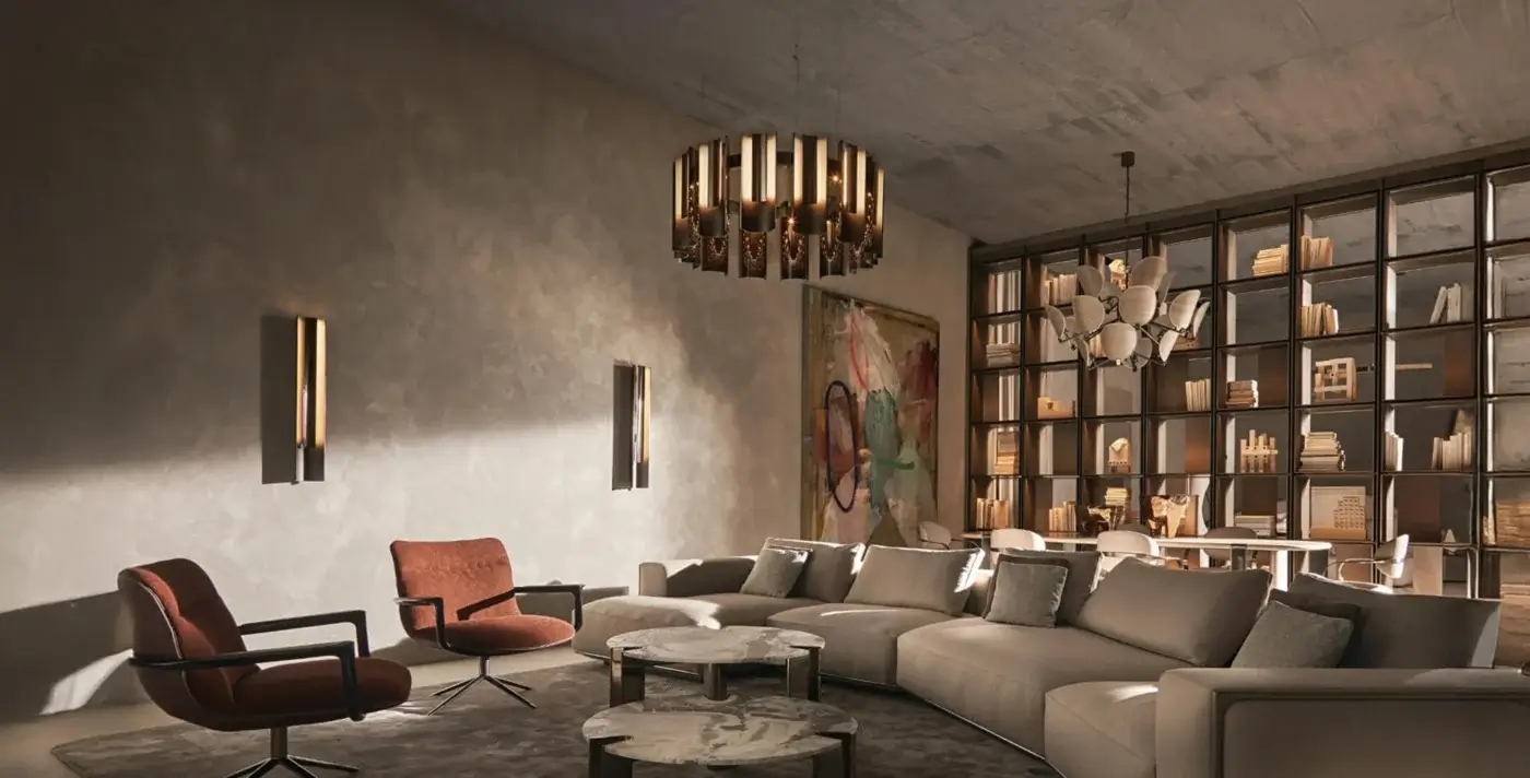 Captivating Visionnaire Polaris chandelier crafted in curved aluminum and polished steel with a muted brown finish
