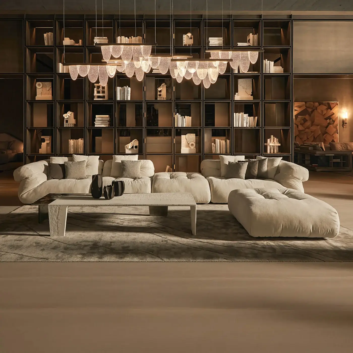 Lavish Visionnaire Walker sectional upholstered in neutral beige textile with integrated comfort and curved silhouette