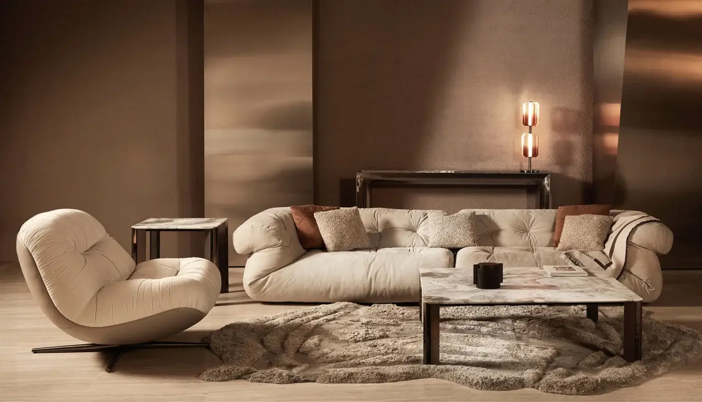 Superior Visionnaire Vixen side table with polished marble top and dynamic dark matte stainless steel aluminum base
