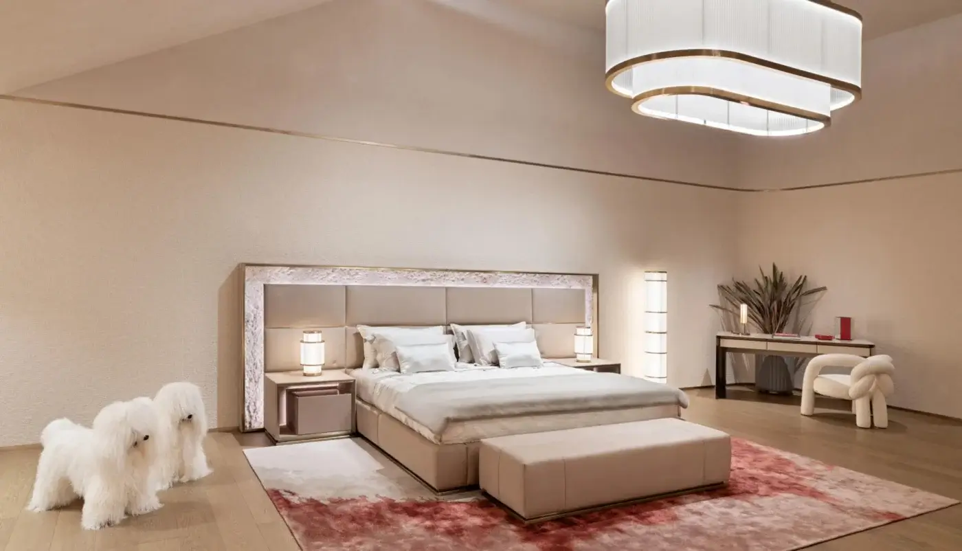 Distinguished Visionnaire Aubade bench with muted beige fine fabric upholstery and satin metal finishes