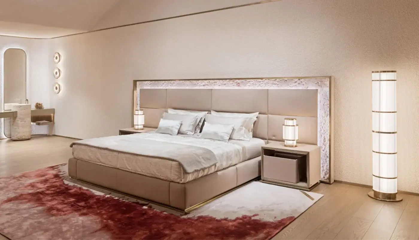 Architectural Visionnaire Giano floor lamp crafted in borosilicate glass tubes with a satin finish and warm white glow
