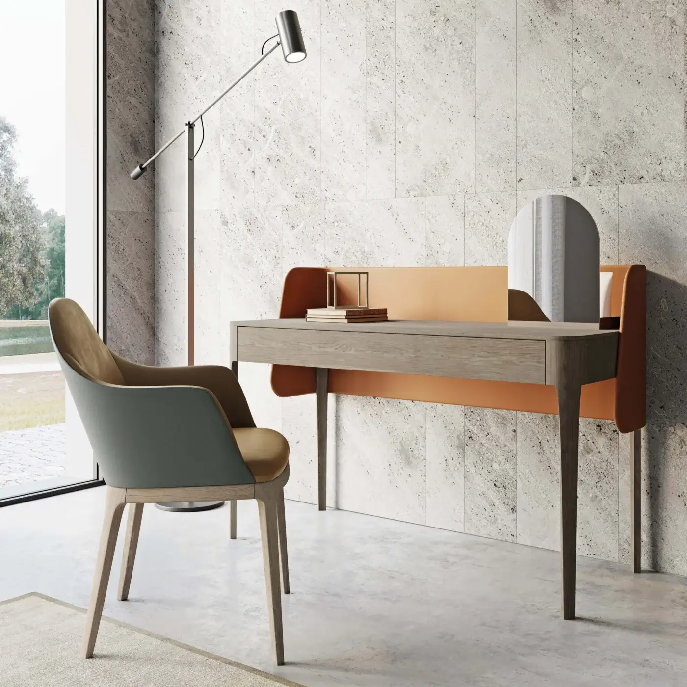 Superior Dallagnese Settanta desk with stoneware top and warm orange eco-leather shell crafted in a minimalist design