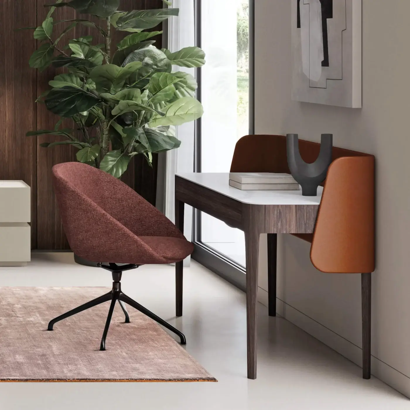 Elegant Dallagnese Settanta desk crafted with solid wood and a satin medium-dark brown tabletop with eco-leather drawer