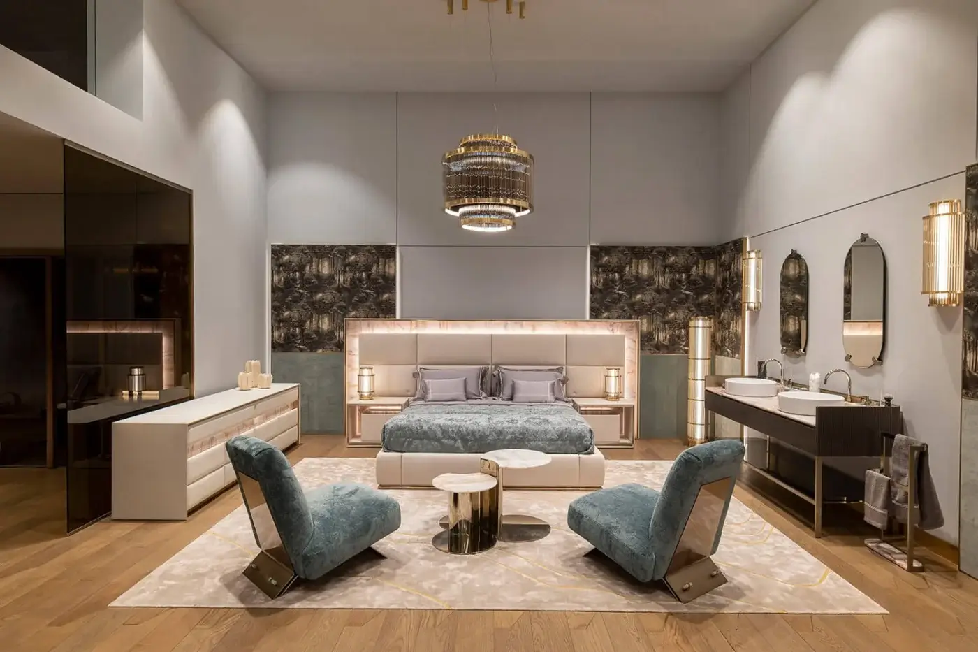 Exclusive Visionnaire Giano suspension lamp crafted with satin steel and Pyrex glass rods exhibiting interwoven illuminated lines