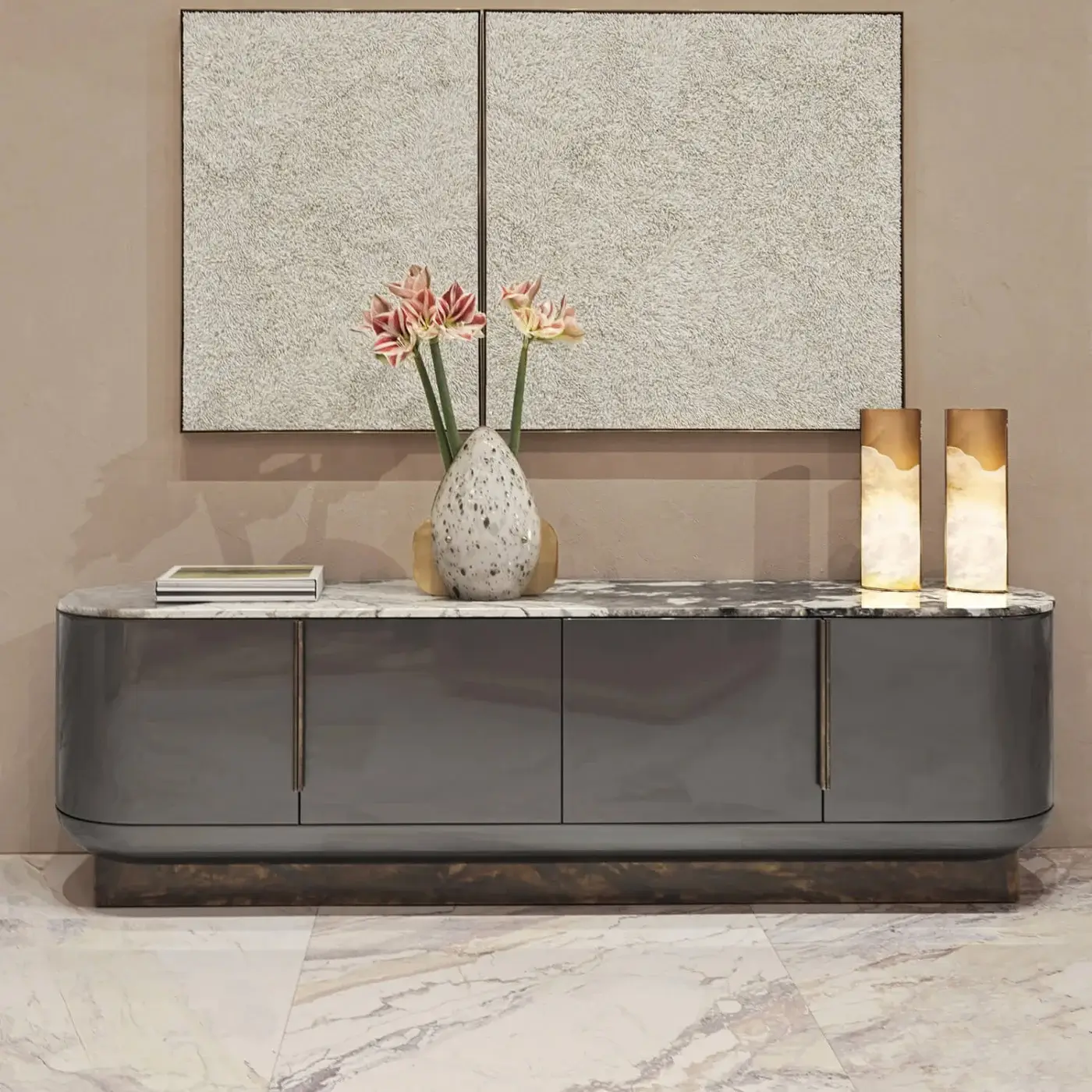 Distinguished Visionnaire Siona sideboard crafted from multilayer wood with muted gray lacquered finish and shaped marble top with brass handles