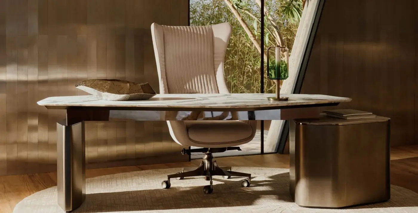 Distinguished Visionnaire Planet Office chair with neutral beige quilted leather upholstery and satin sheen stainless steel base