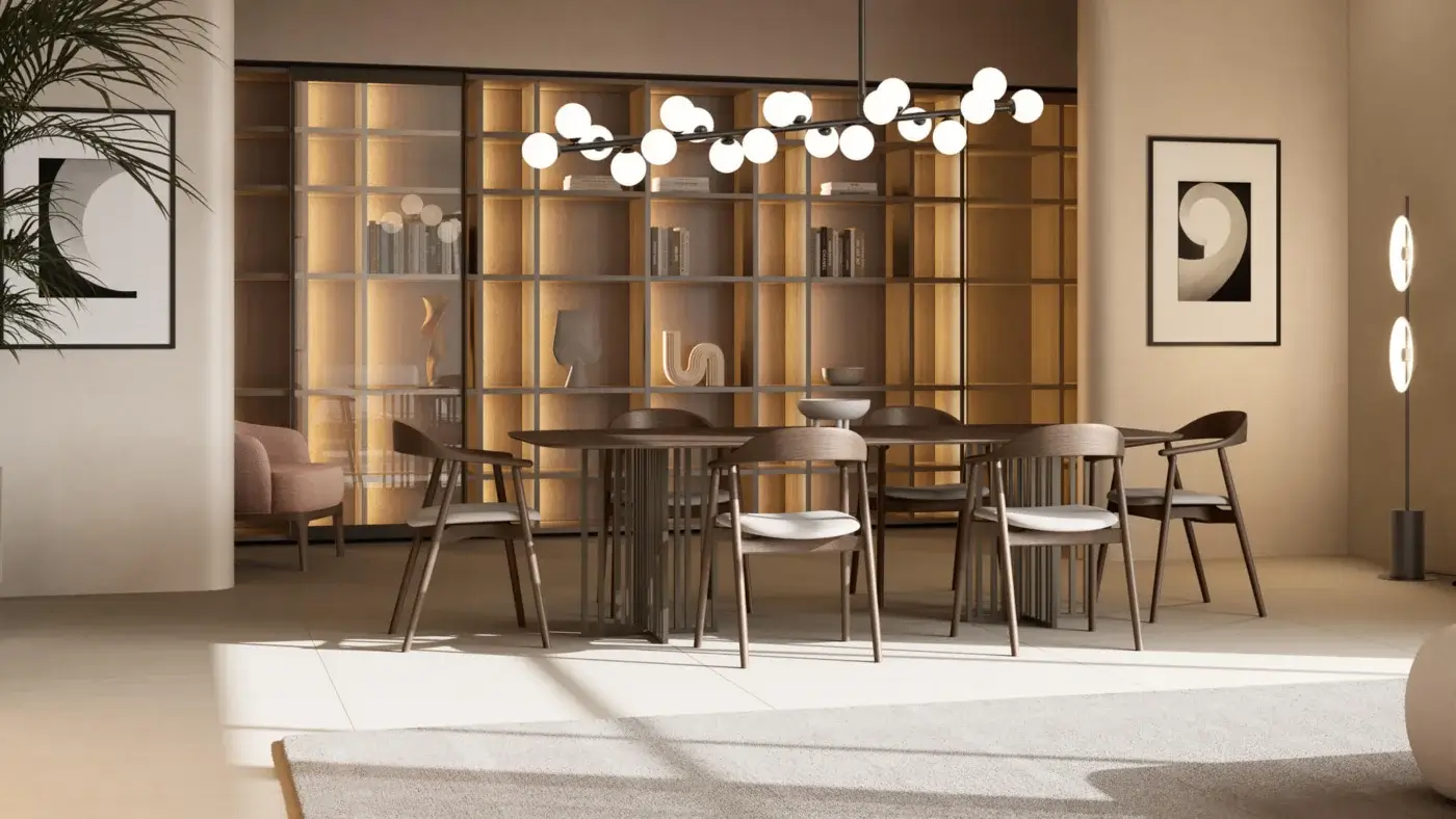 Distinguished Dallagnese Kiri table with a satin-finish wood tabletop and dark matte metal base arranged in a geometric pattern