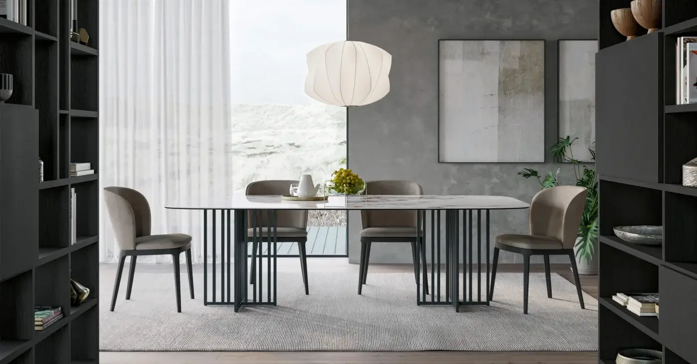 Exceptional Dallagnese Kiri table with a light gray-white glossy polished tabletop and meticulously arranged matte black metal rods