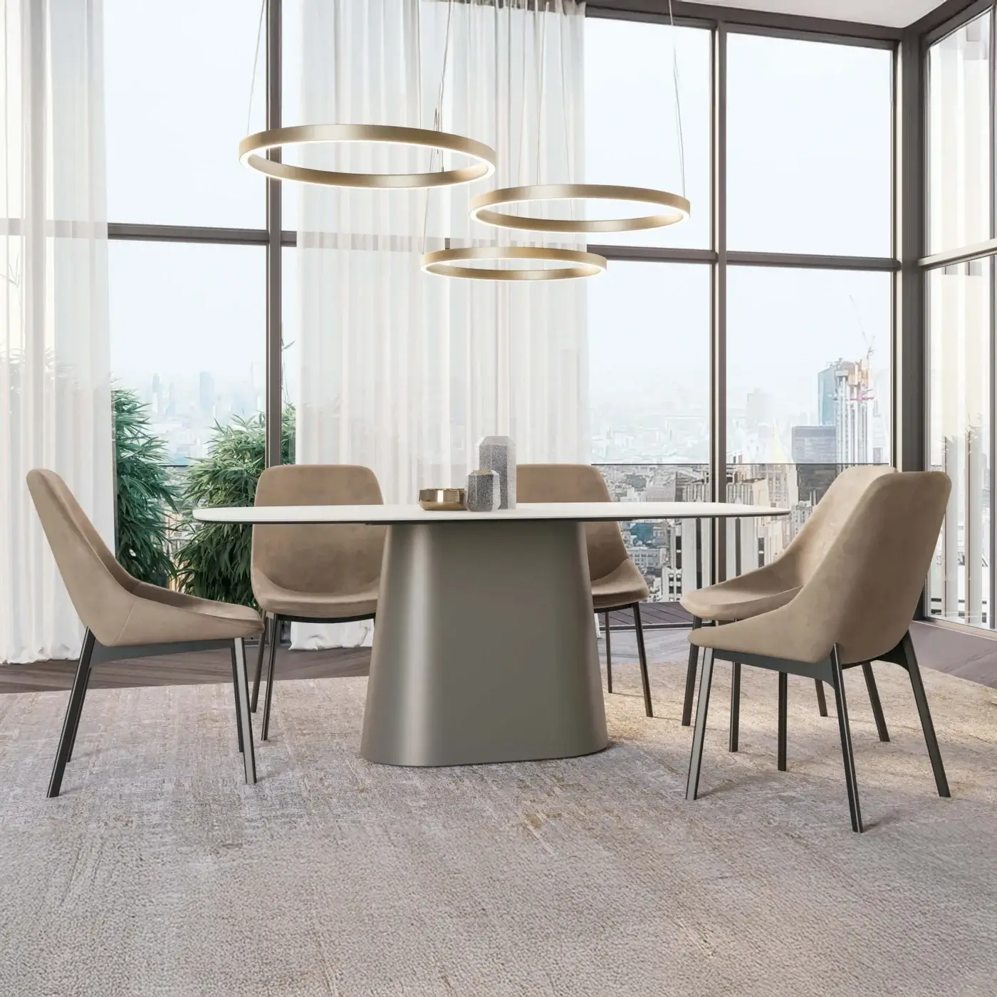 Distinctive Dallagnese Koniko table crafted in muted gray-taupe stoneware with a smooth matte wooden base embodying modern Italian design