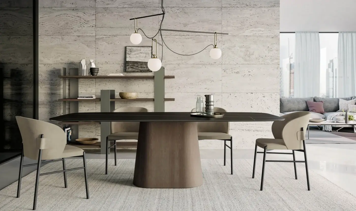 Exceptional Dallagnese Koniko table crafted in dark stoneware with a smooth matte finished wooden base