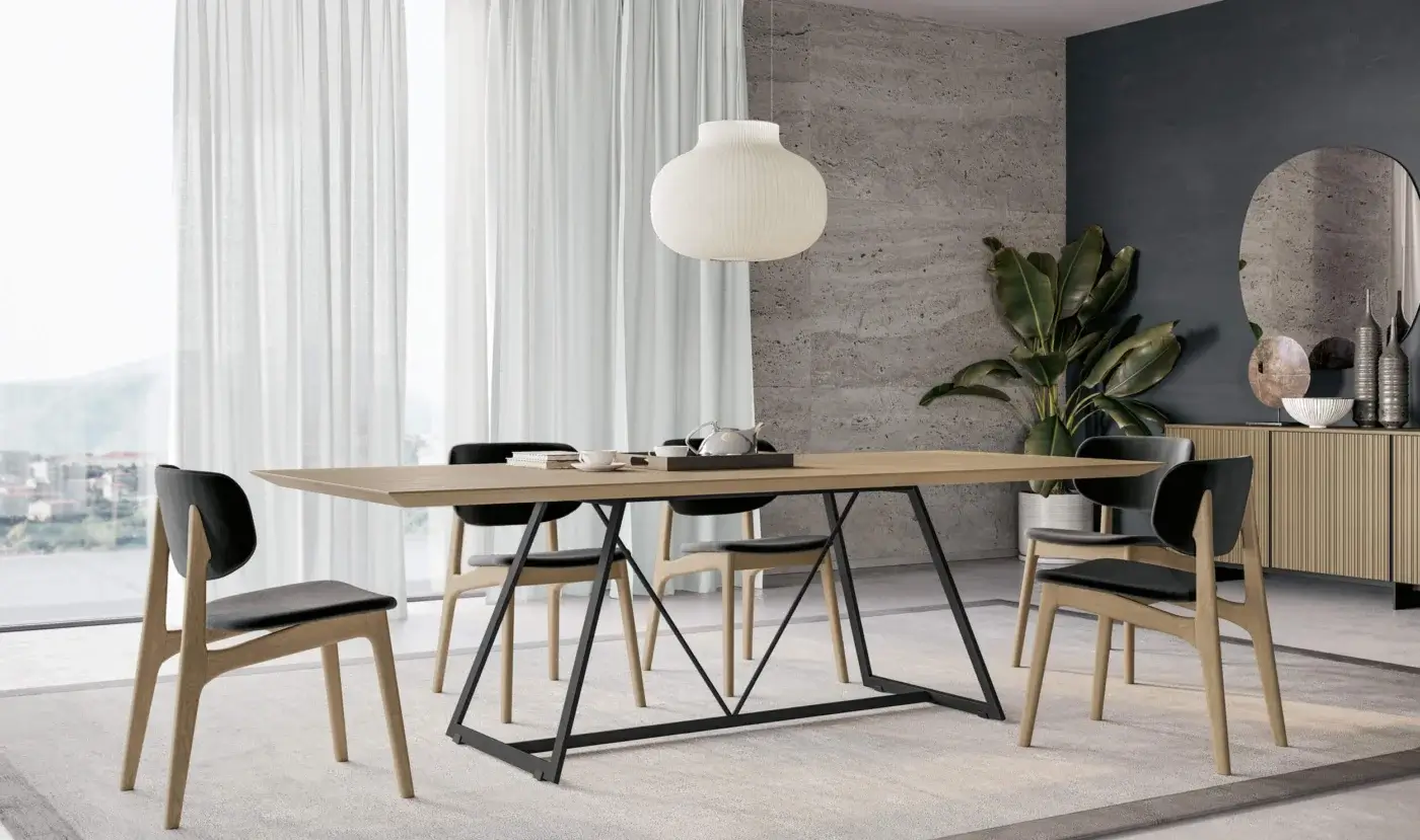 Exceptional Dallagnese Radar table with a warm medium-toned wood tabletop and dark gray metal frame built with central tie rods