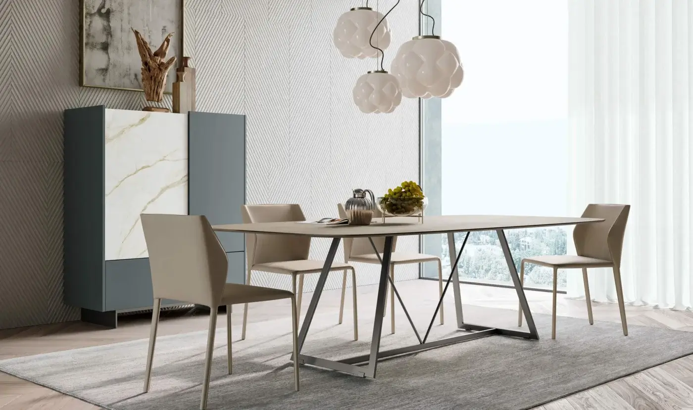 Exceptional Dallagnese Radar table with a satin metal base and smooth matte neutral-toned wood tabletop
