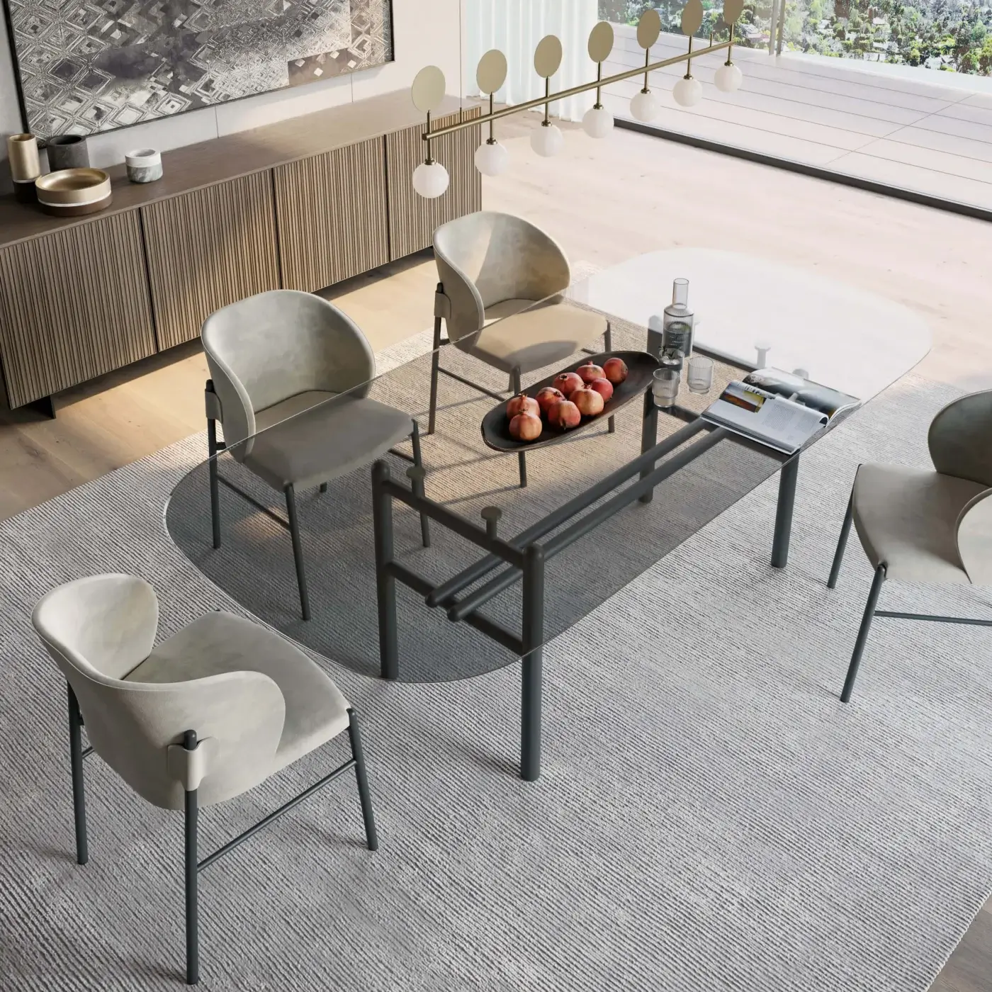 Architectural Dallagnese Supernova table with clear glass top and disciplined dark gray matte metal base