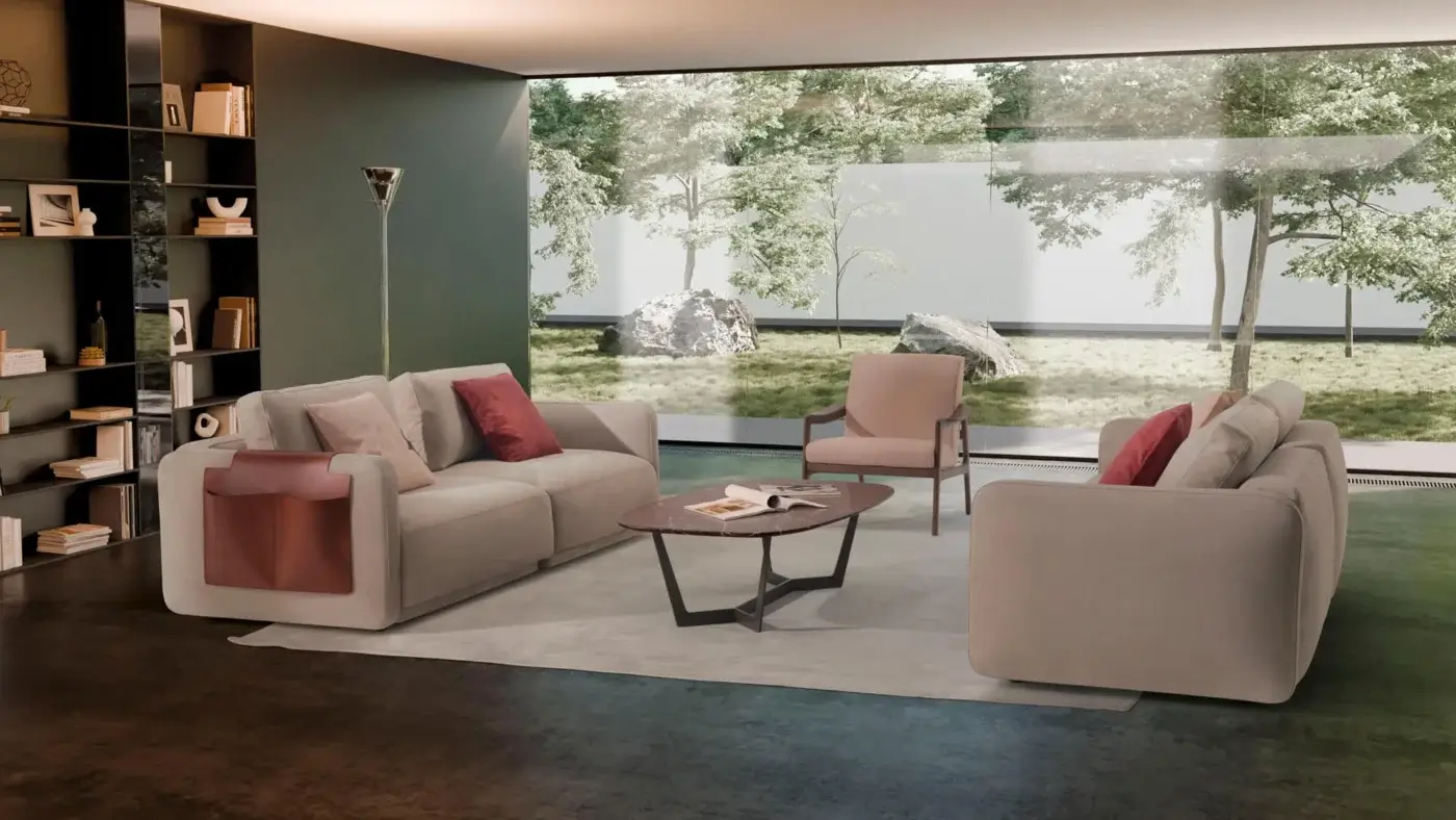 Exceptional CTS Salotti Kant sofa crafted in light beige textile with reddish-brown accent panels and fully removable fabric