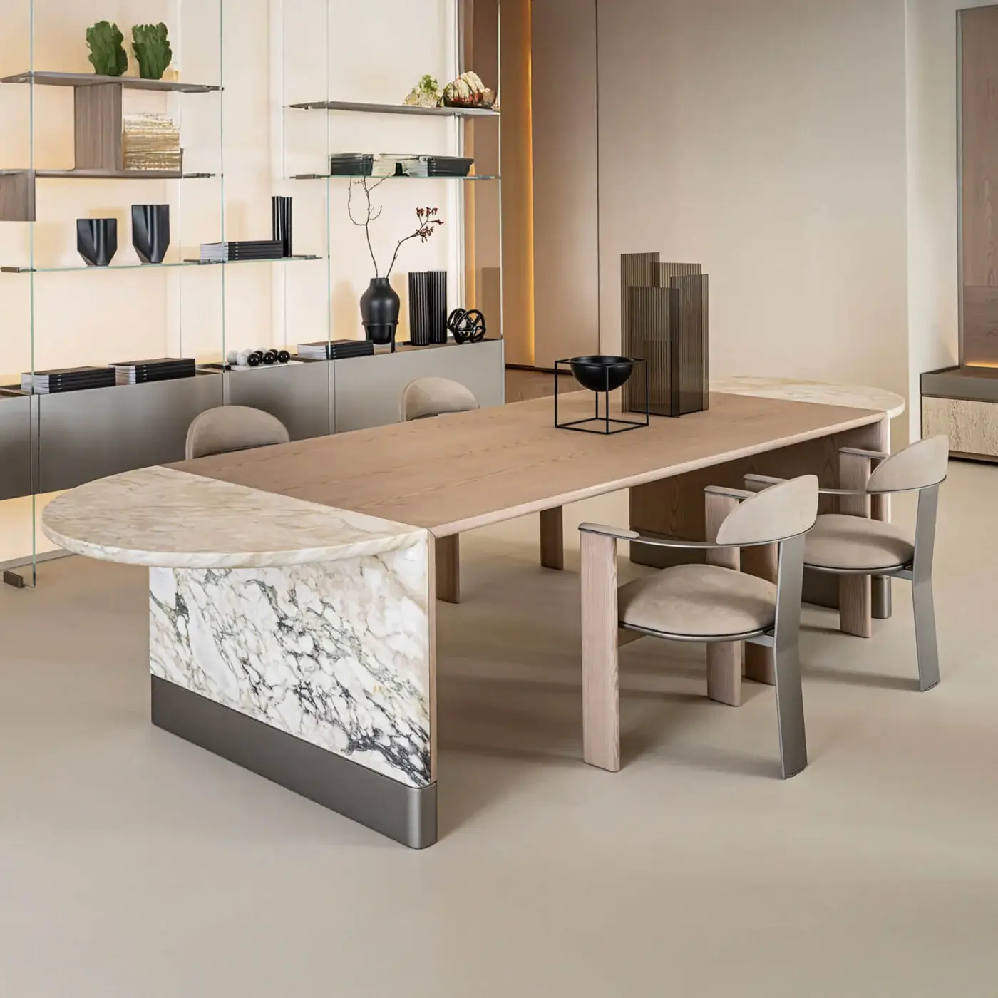 Exceptional Shake Mayfair table with solid ash wood and honed Breccia Capraia marble inserts crafted in Italy