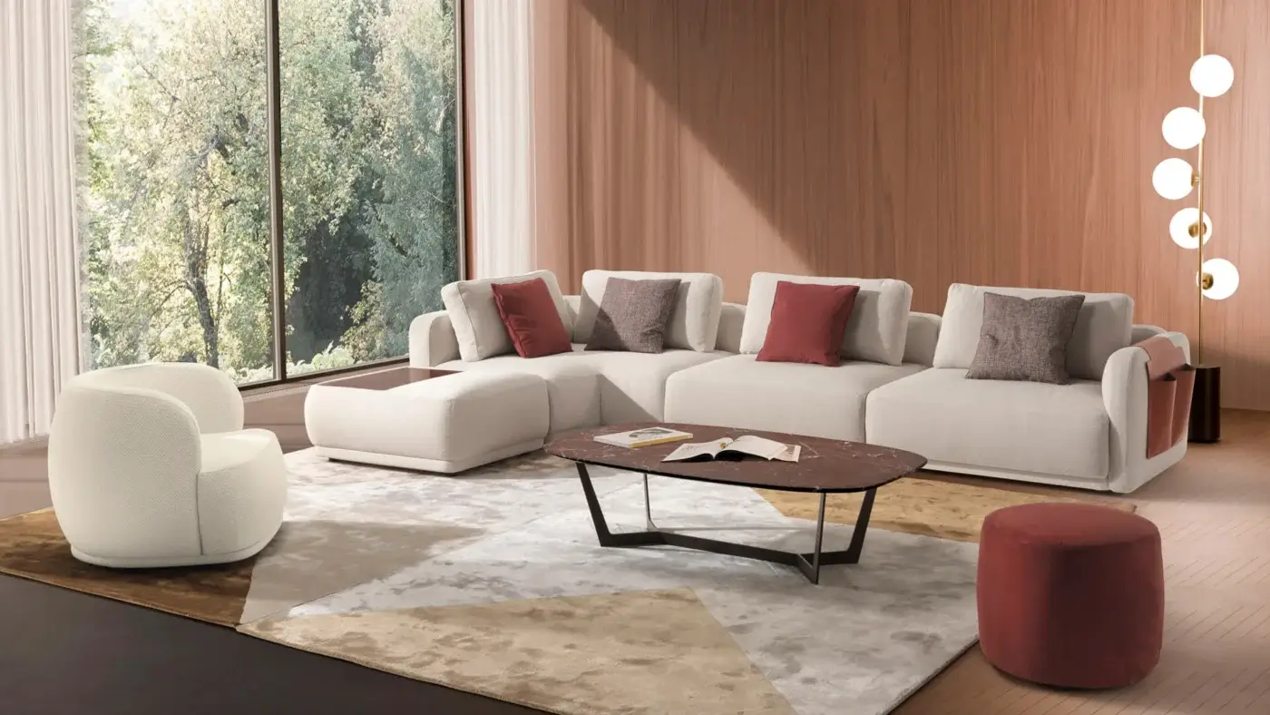 Superior CTS Salotti Kant sectional built with solid fir wood and multi-ply frame, upholstered in textured light neutral textile with velveteen finish