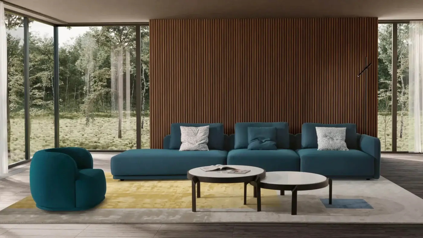 Exceptional CTS Salotti Kant sectional with deep teal textured fabric upholstery and discreet black feet