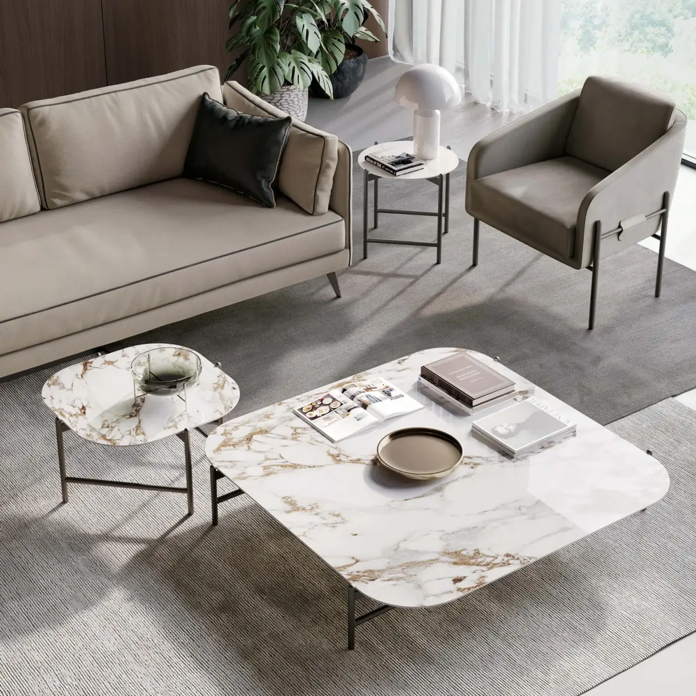 Distinguished Dallagnese Supernova Square coffee table with stoneware top displaying grey and gold veins and slender black metal base