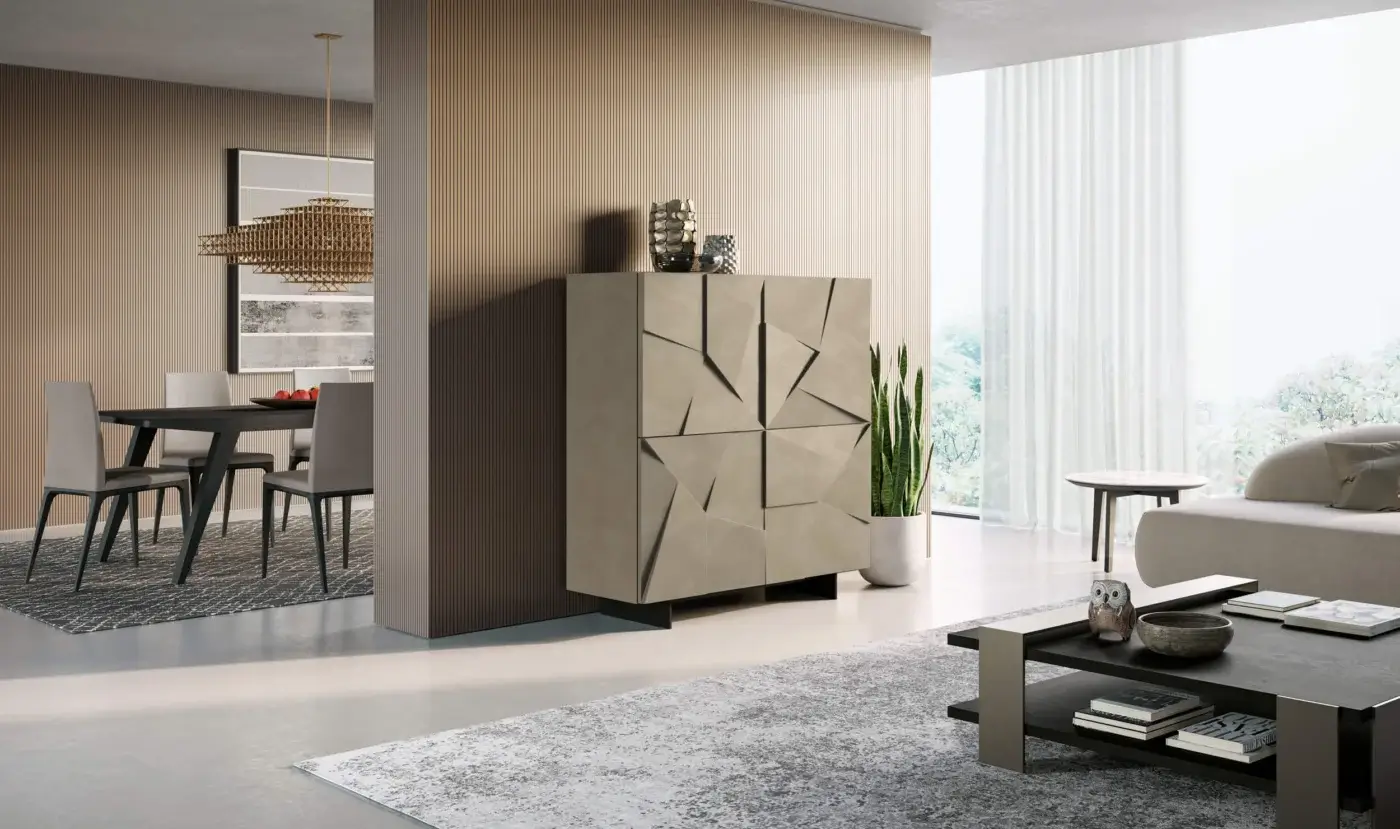 Superior Dallagnese Concrete Cupboard crafted in neutral beige-grey tones with a refined matte finish and faceted doors