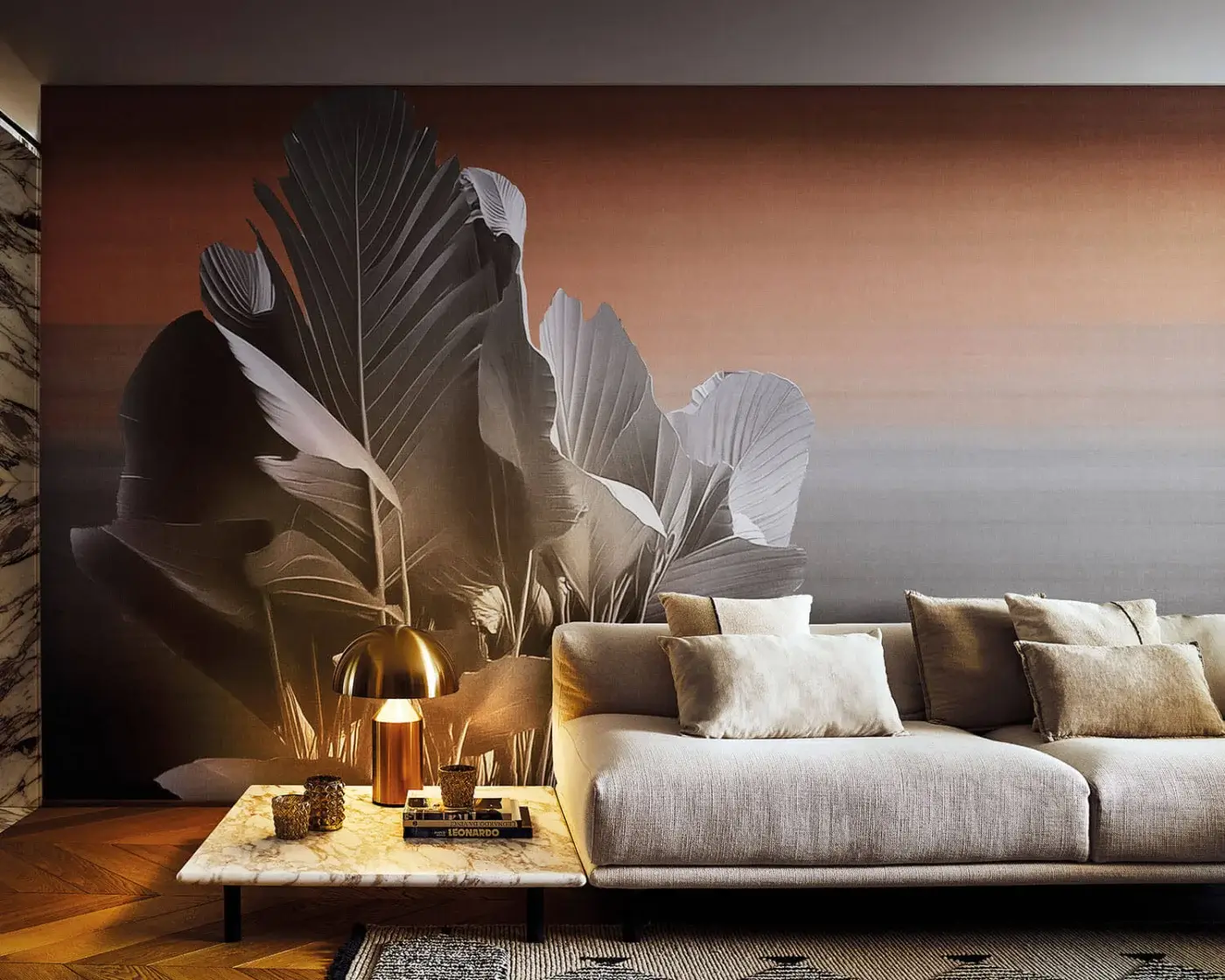 Exceptional LondonArt Etherea wallpaper showcases oversized botanical design in earthy brown and beige tones with a matte finish