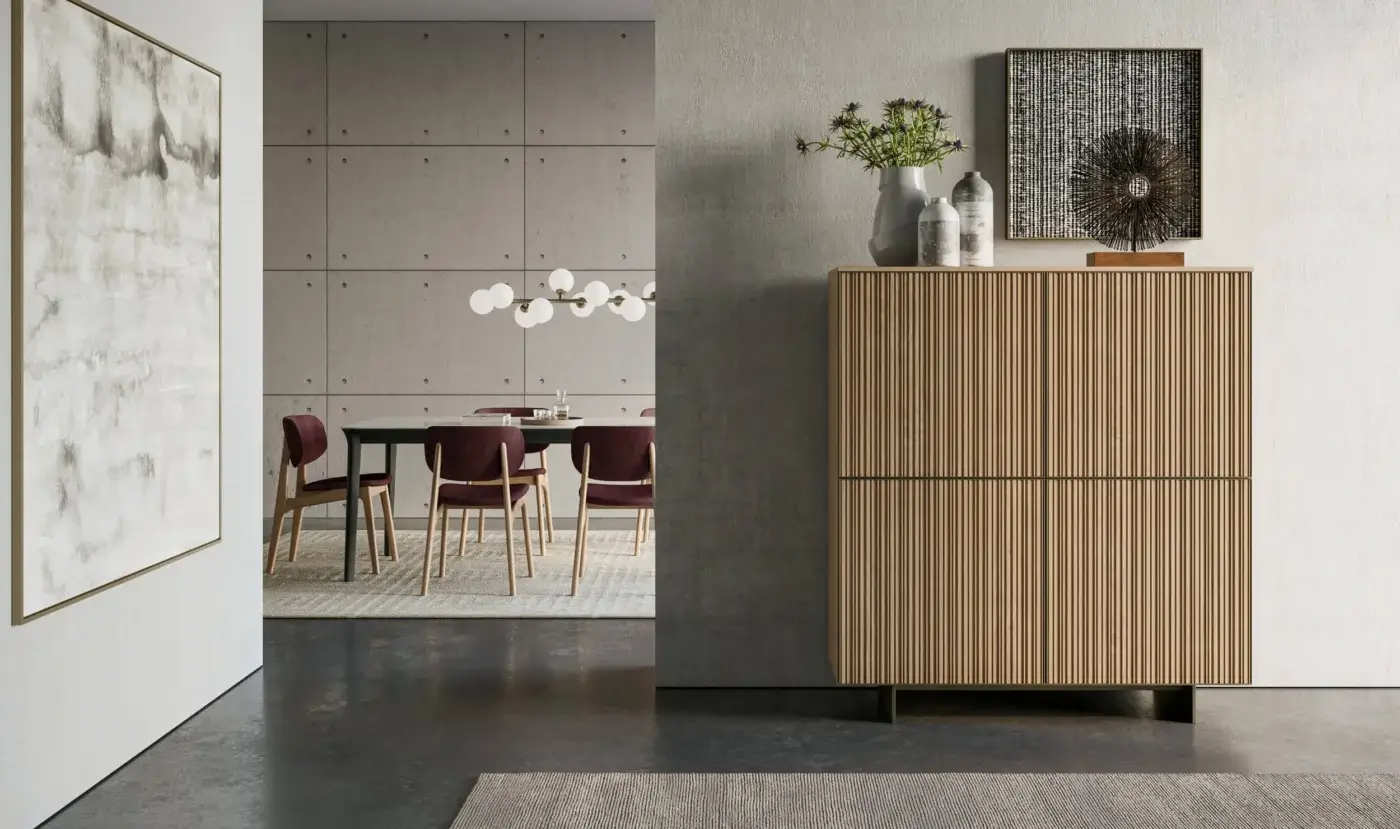 Superior Dallagnese Marlene cupboard crafted from solid wood in a light brown tone with canneté finish and dark base