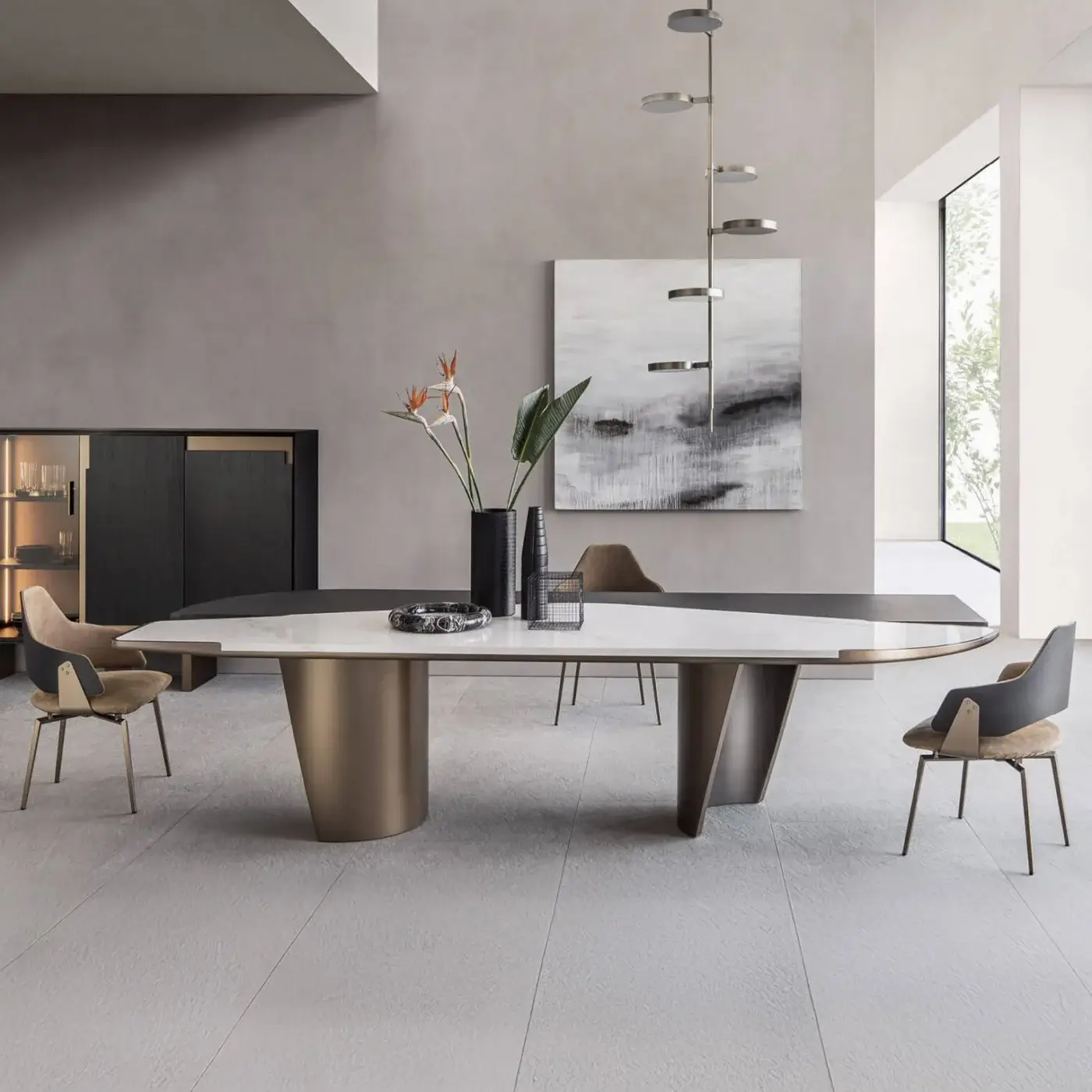 Distinguished Shake Ego table with sculpted plywood legs and a blockboard ash wood tabletop featuring a textured stoneware insert in gray-white and bronze