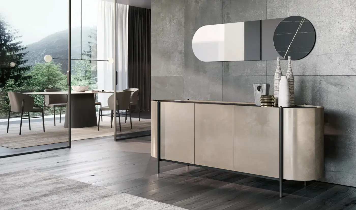 Exceptional Dallagnese Supernova sideboard with rounded wood frame, tapered metal legs and a textured interior in warm beige-grey finish