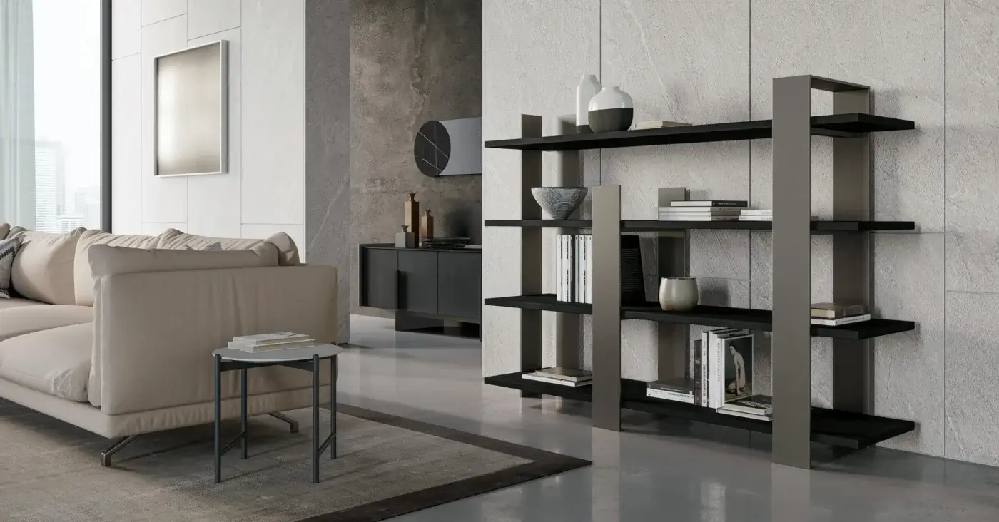 Exceptional Dallagnese Kyoto bookcase with a matte dark gray metal frame and medium-brown veneer wooden shelving