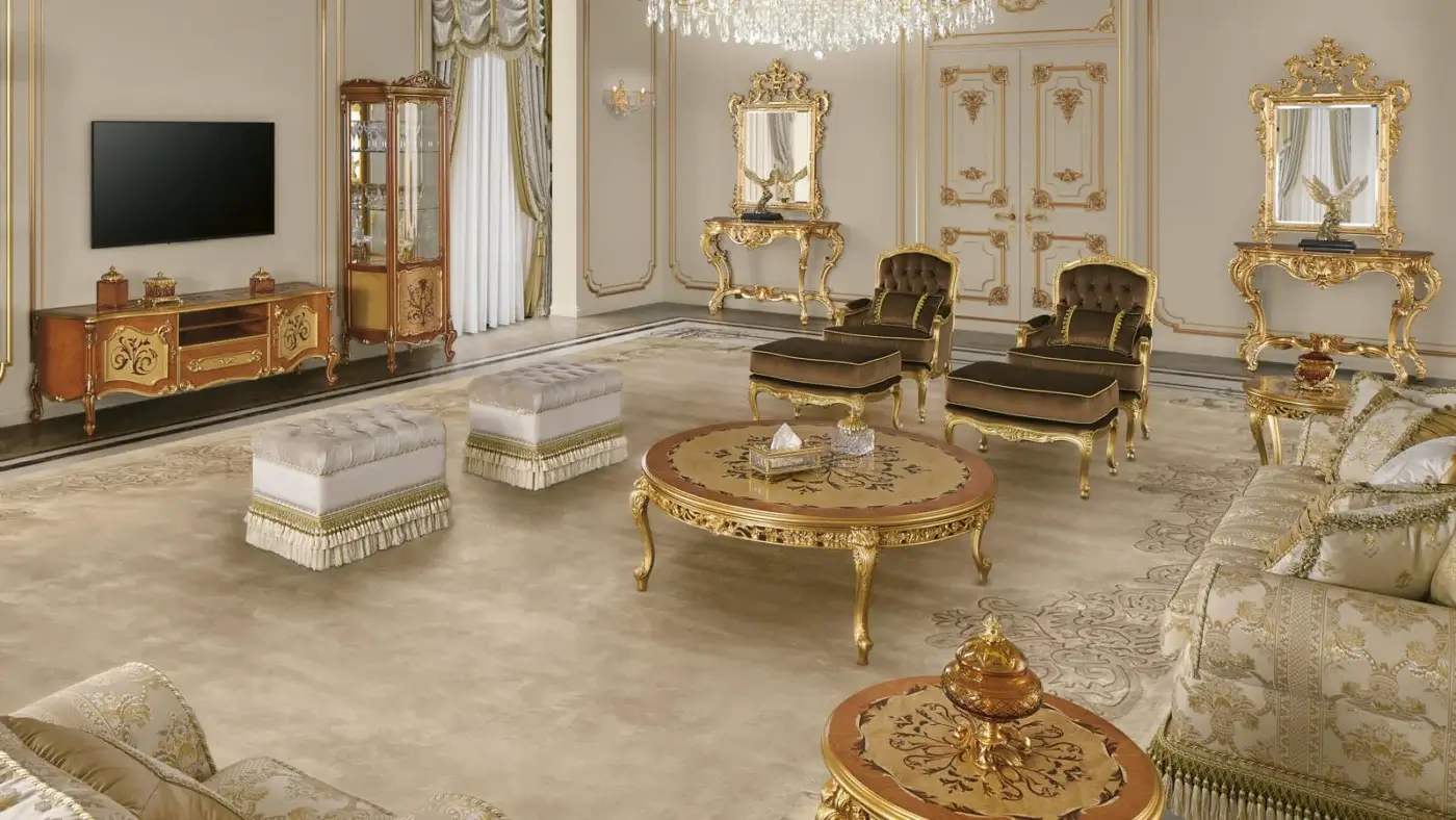 Superior Modenese Royal Blend console crafted in Italy with reddish-brown wood and lavish gold finish exhibiting hand-carved details