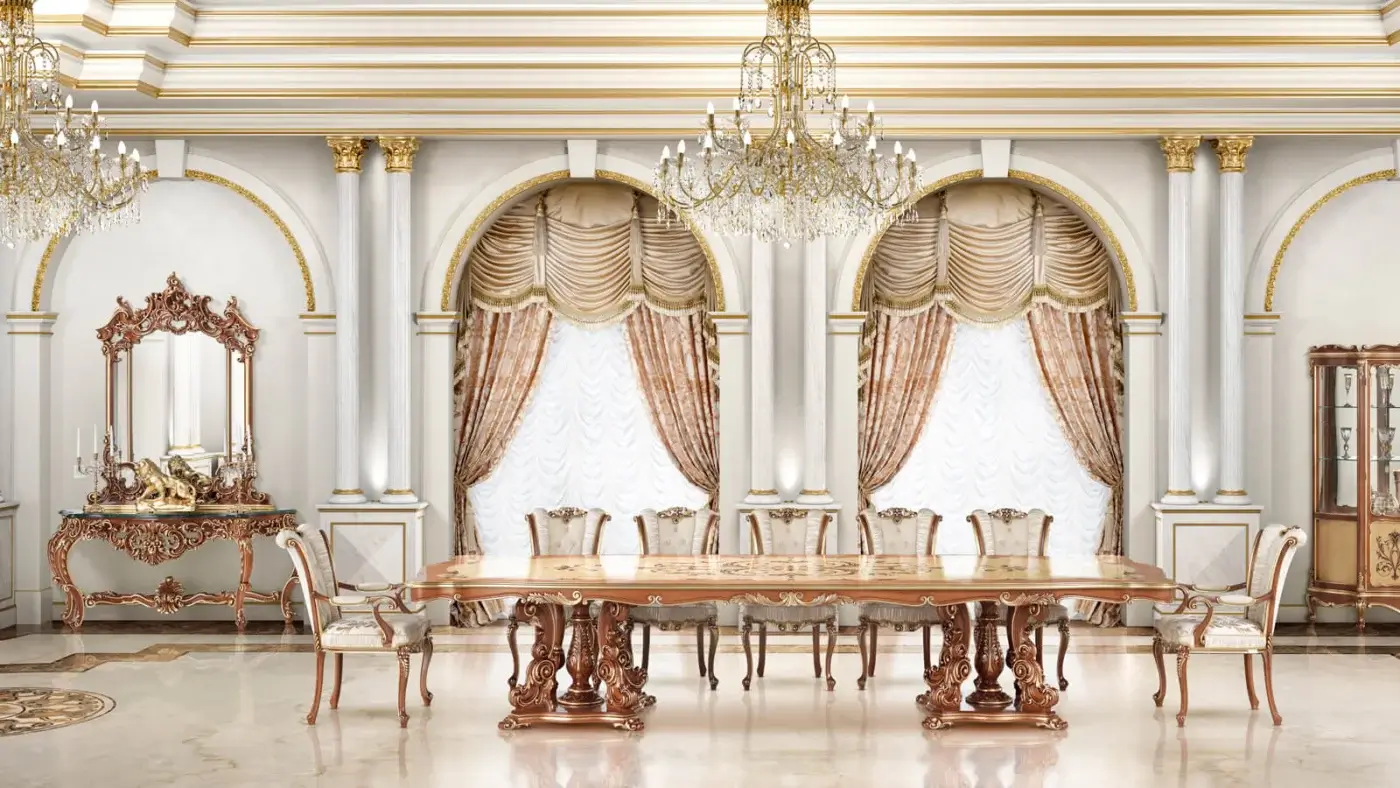 Exquisite Modenese Royal Blend walnut console crafted with gold leaf detailing and a premium marble top
