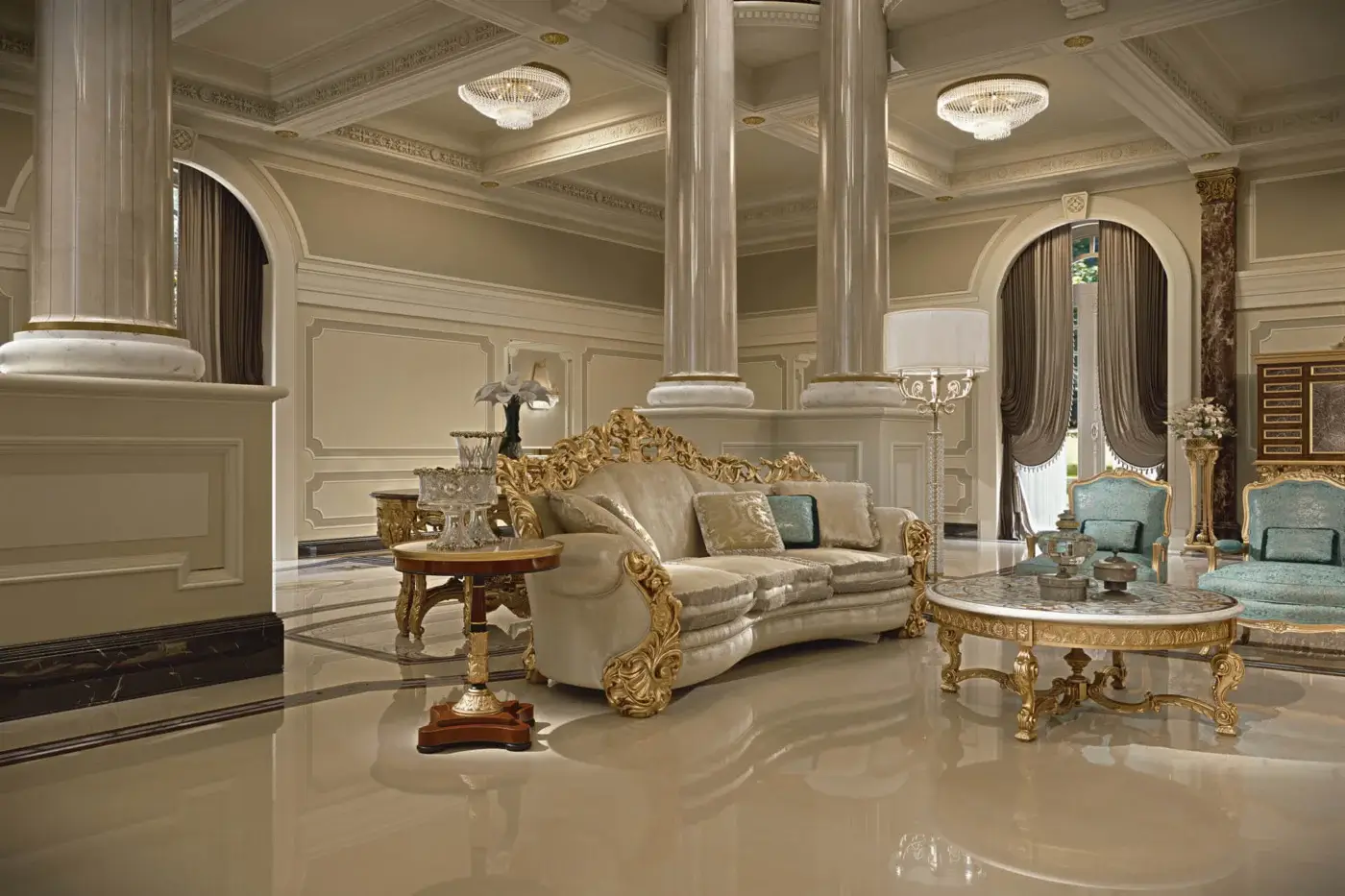 Superior Zanaboni Leonardo sofa with curved silhouette, cream floral upholstery and gold leaf embellished solid wood frame