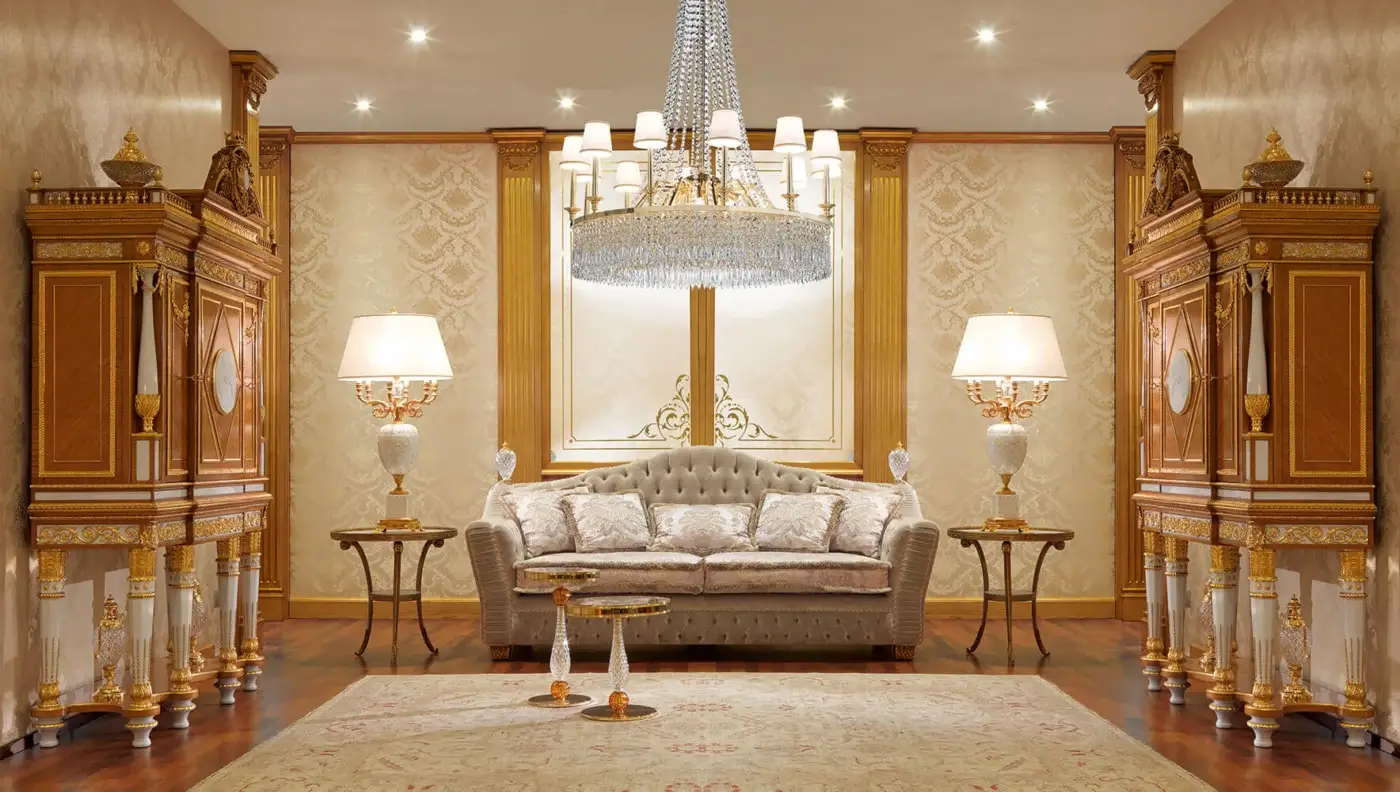 Superior Zanaboni Borromeo sofa crafted in muted beige textile with satin finish and hand-chiseled crystal accents