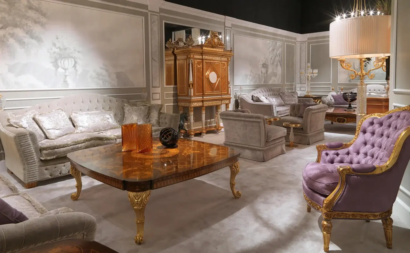 Superior Zanaboni Borromeo sofa upholstered in textured quilted lavender textile with gold leaf detailing