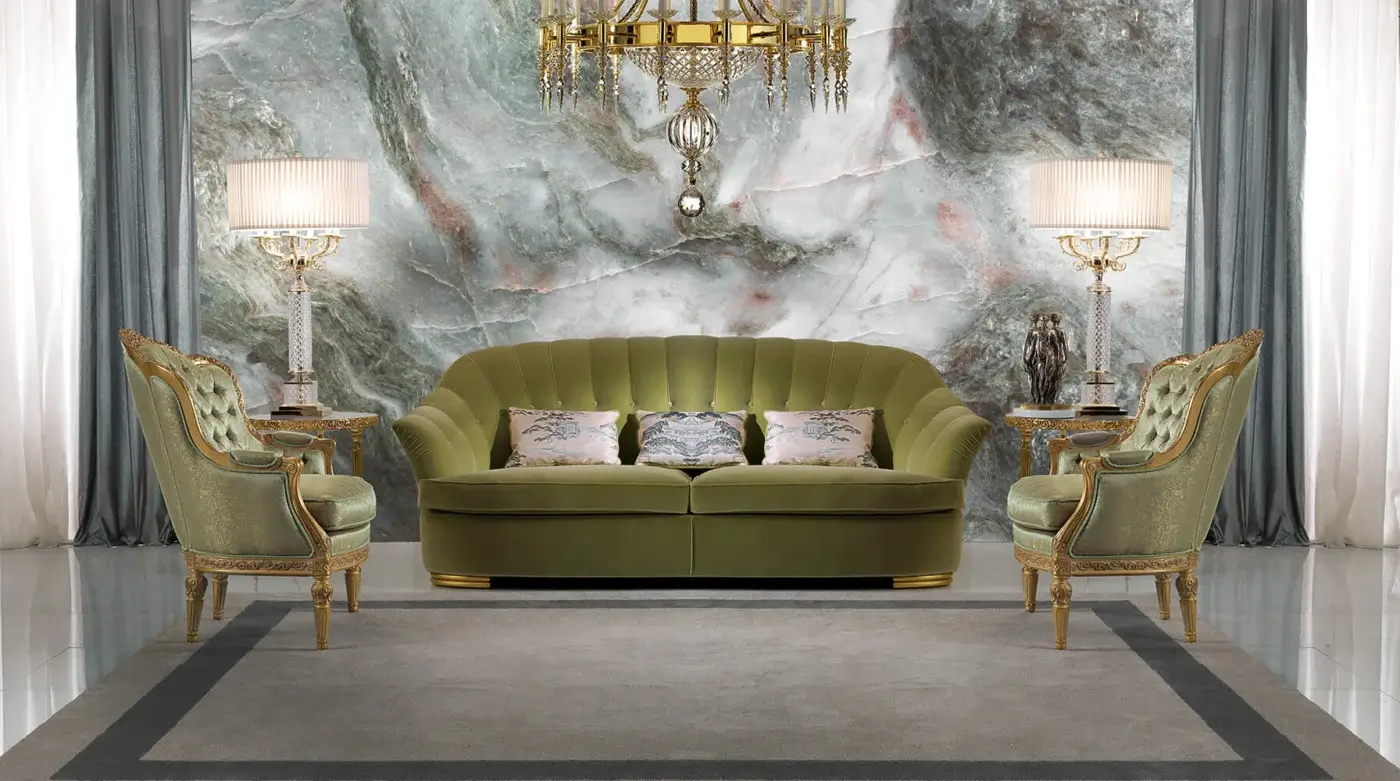 Exceptional Zanaboni Broadway sofa with olive green upholstery, gold-toned legs and a deeply tufted backrest crafted for refined relaxation