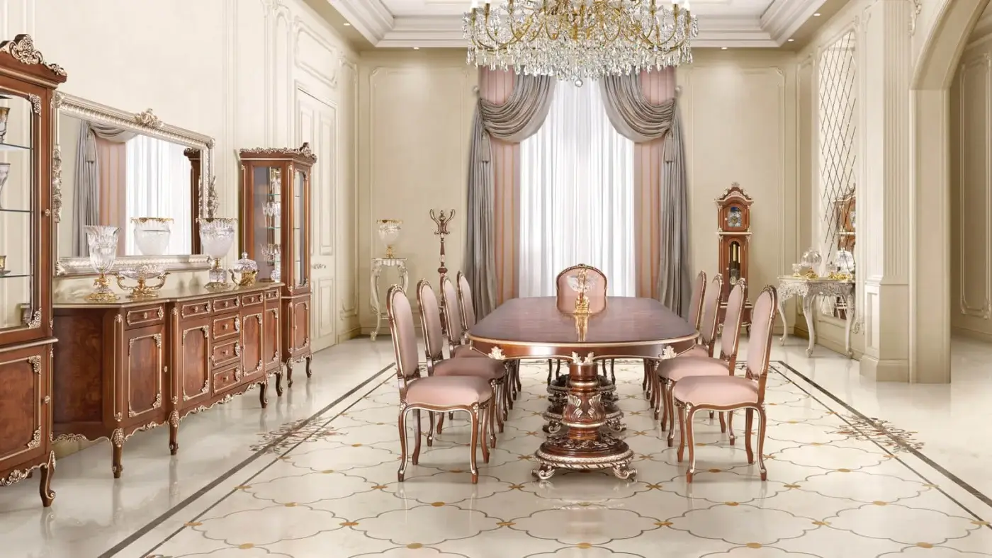Superior Modenese Noble Etiquette table crafted in reddish-brown solid wood with polished silver leaf detailing and curved lines