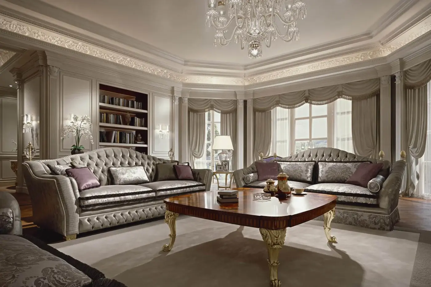 Superior Zanaboni Lara sofa with silver-grey woven fabric, capitonné padding and gold detailing crafted in opulent damask cushions