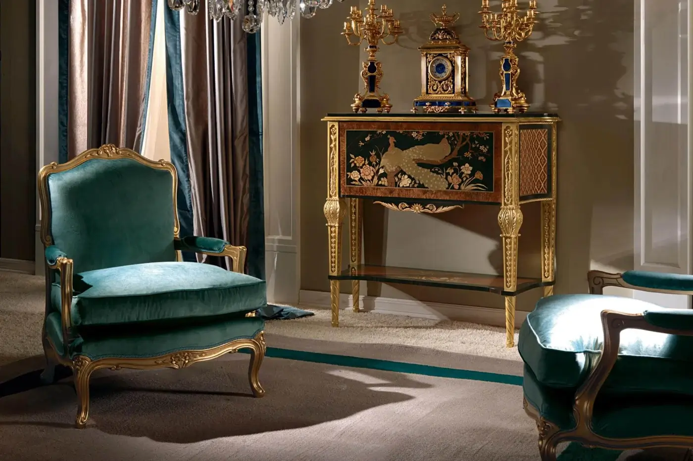 Lavish Zanaboni Luigi XV lounge chair with deep teal textile upholstery and glossy golden carved solid wood finish