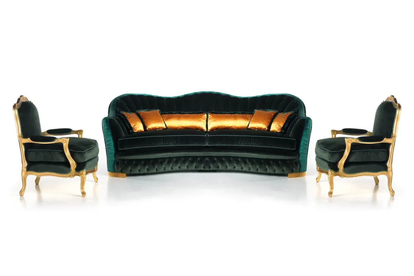 Superior Zanaboni Luigi XV lounge chair with deep teal textile upholstery and hand-applied gilded solid wood frame