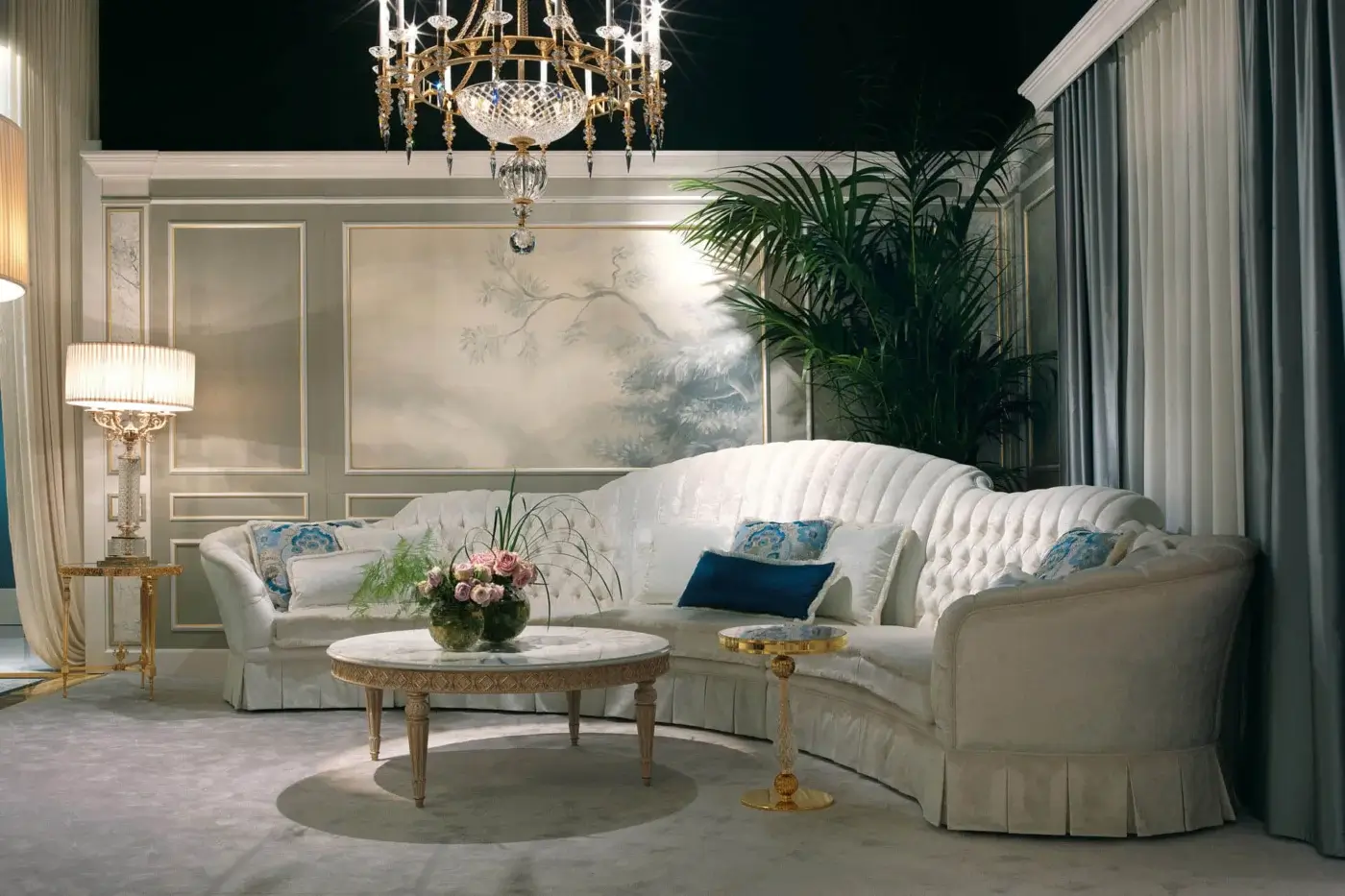 Distinguished Zanaboni Madison sofa with off-white capitonné upholstery, pale blue cushions and generous curves