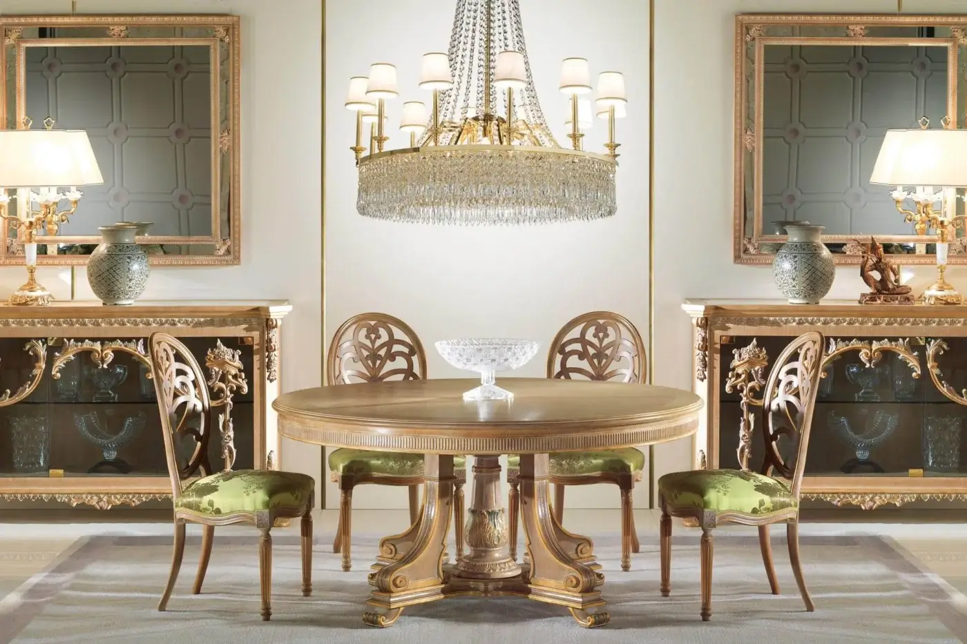 Distinguished Zanaboni S/700 chair with carved wooden structure and muted green floral textile in glossy golden finish