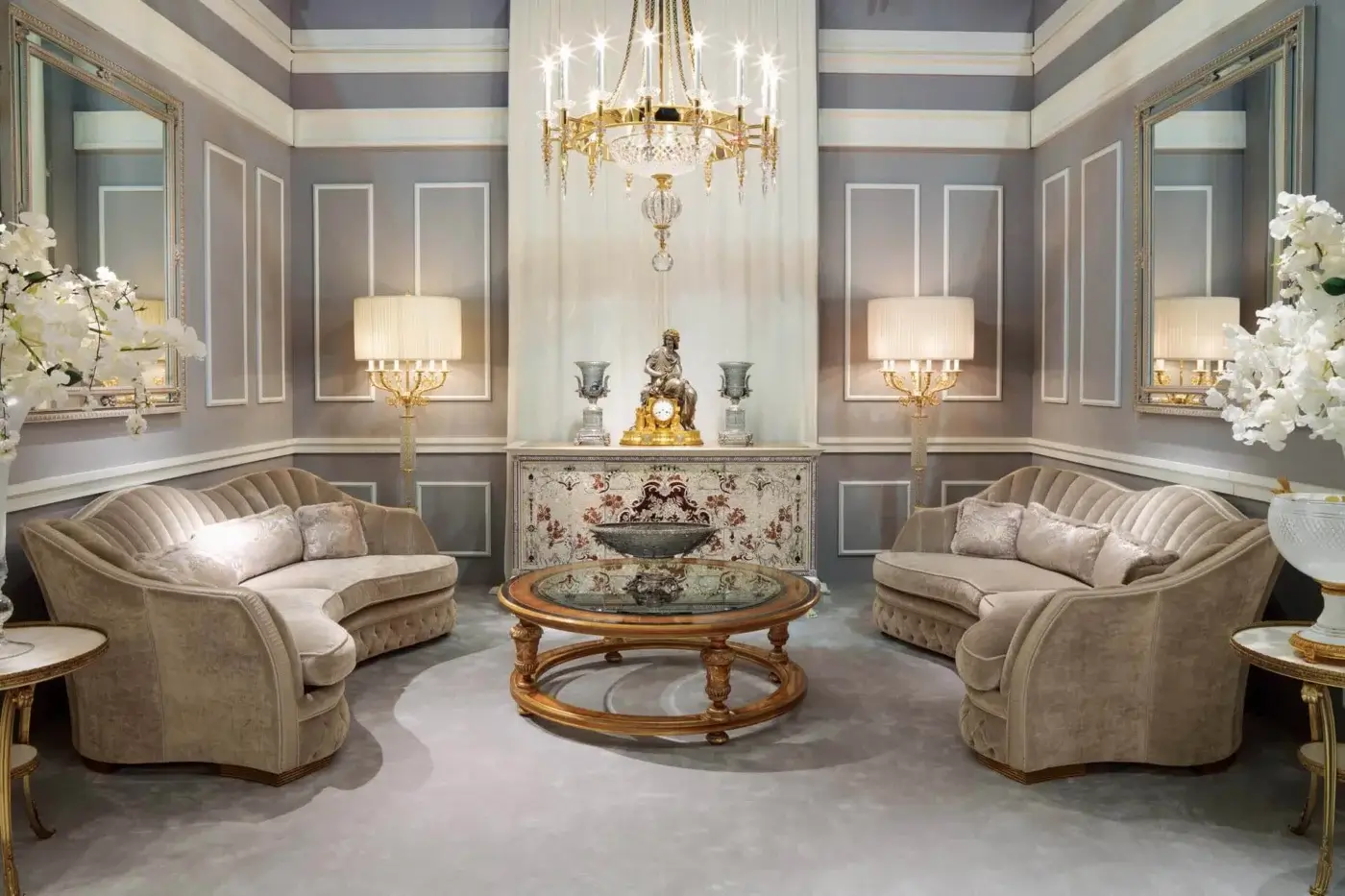 Distinguished Zanaboni Smeraldo sofa crafted in muted beige textile with deeply tufted cushioning and gold-toned trim