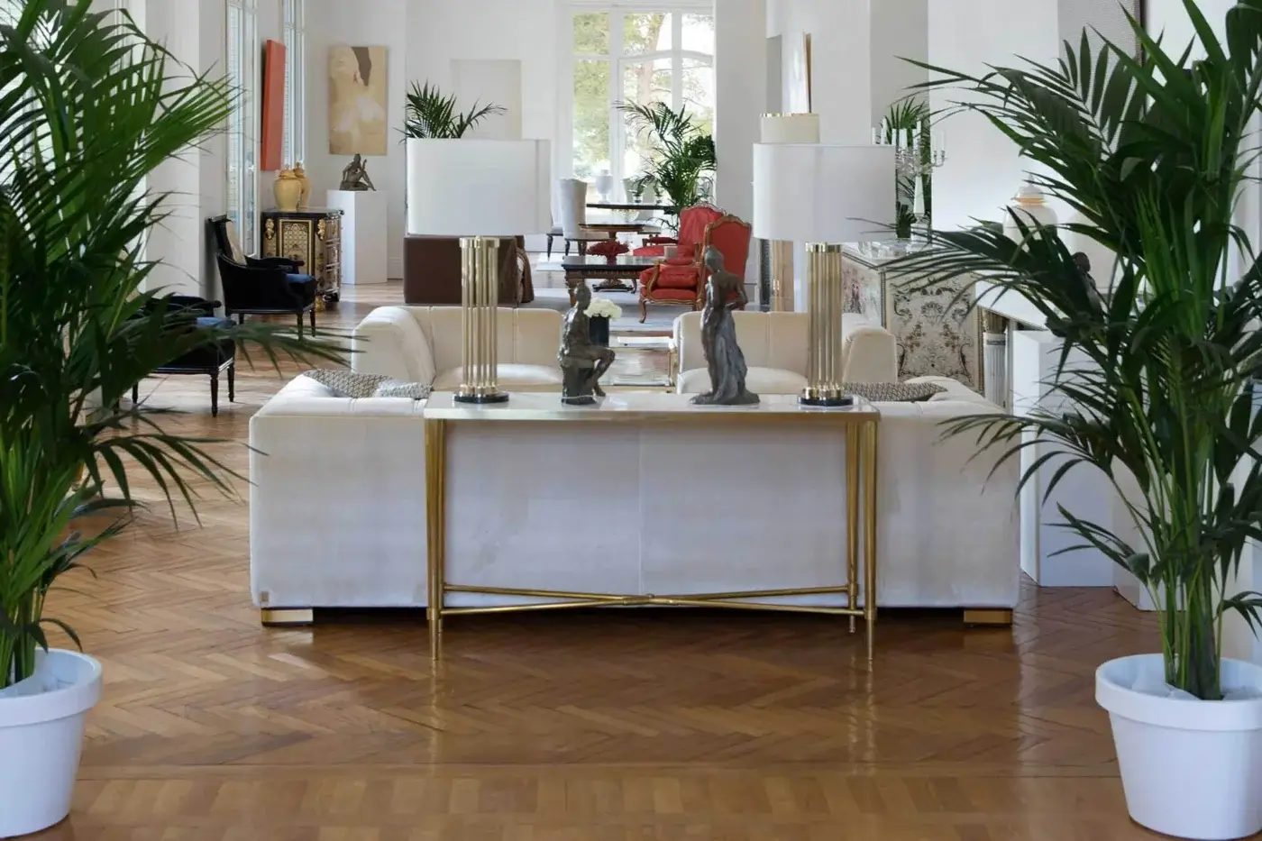 Exclusive Zanaboni T108 console with gold-toned metal frame and light beige central panel in satin sheen