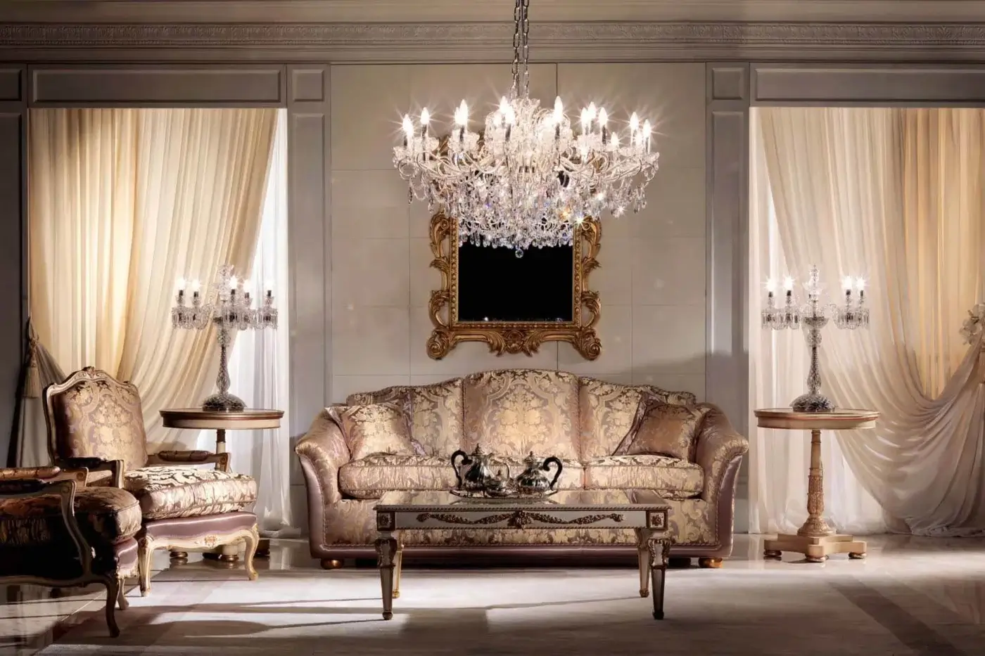 Lavish Zanaboni Vendome sofa upholstered in floral textile with satin finish and gold-toned wooden legs