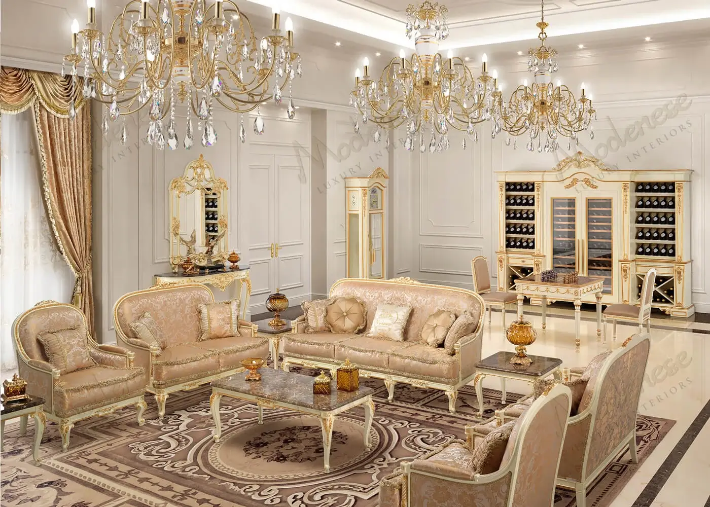 Superior Modenese Midnight Moon sofa crafted in Italy with pale rose damask fabric and satin finish
